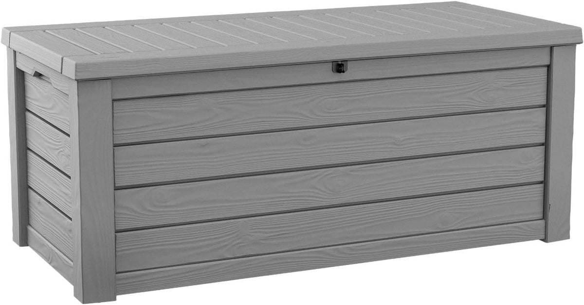 Front view of a rectangular slatted storage chest showing latch on the lid and paneled sides.