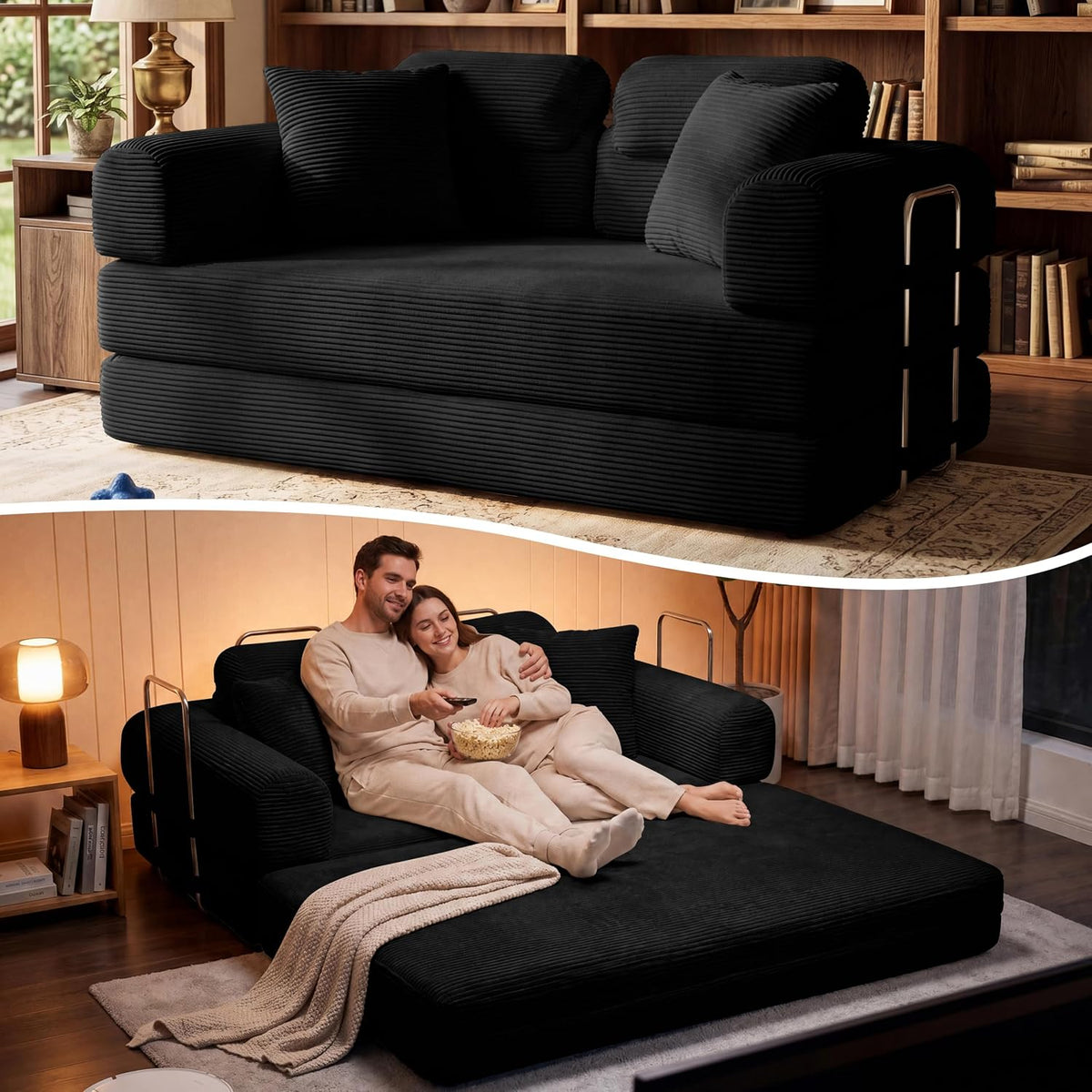 Dark gray loveseat converted into a low bed with a couple sitting together watching TV.