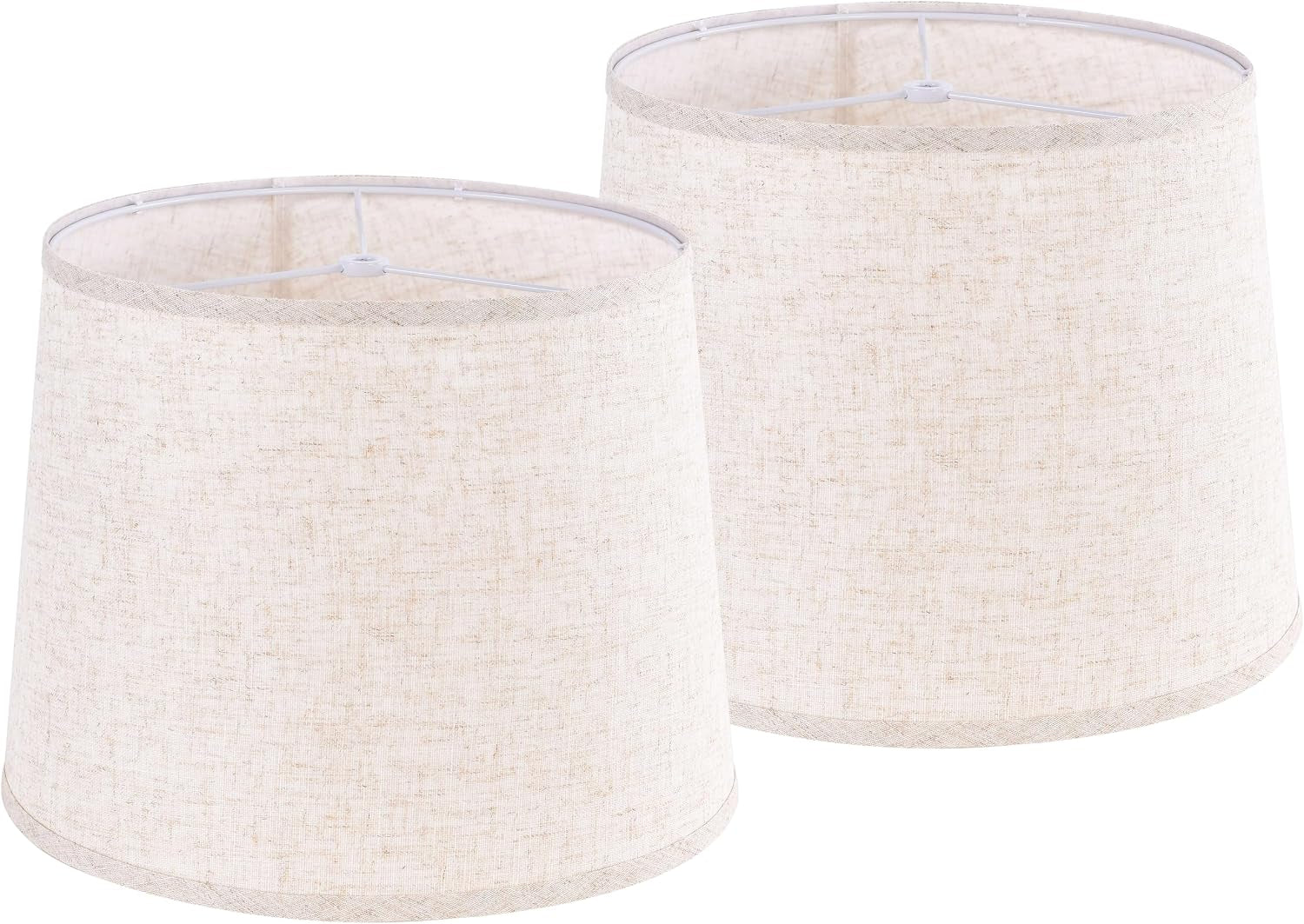 Beige oatmeal linen drum lampshades set of two, angled front view showing interior metal frames