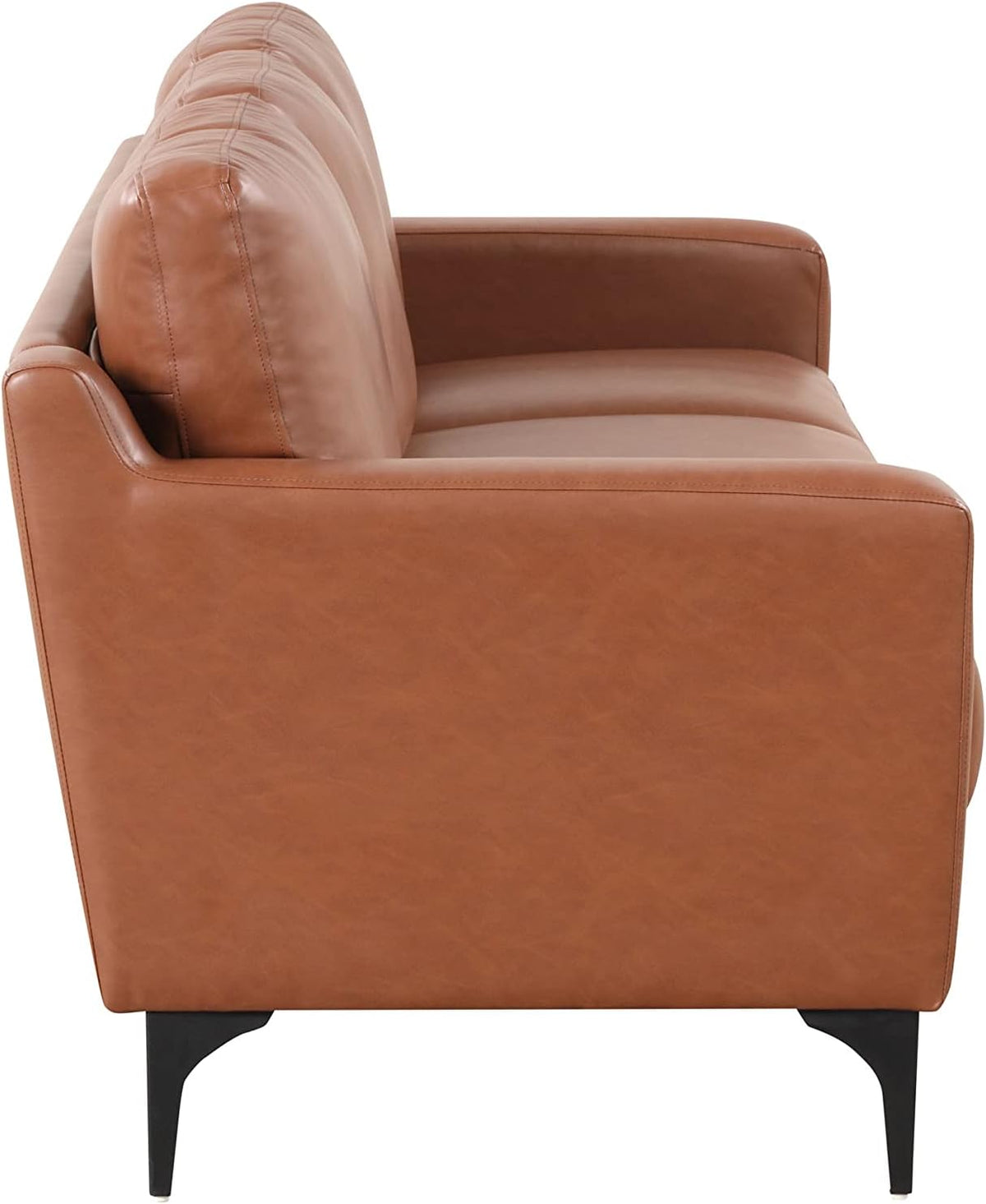 Side profile close-up of brown faux-leather sofa showing arm, back cushions, and black tapered leg