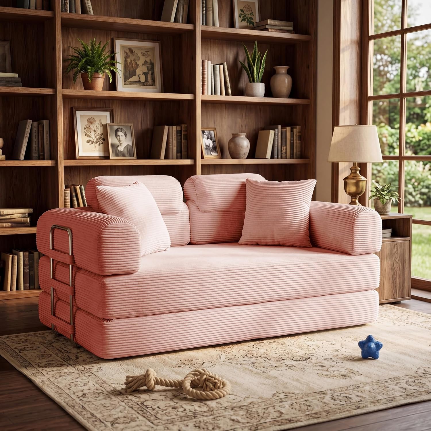 Pink ribbed loveseat set against built-in bookshelves with three matching throw pillows on top.
