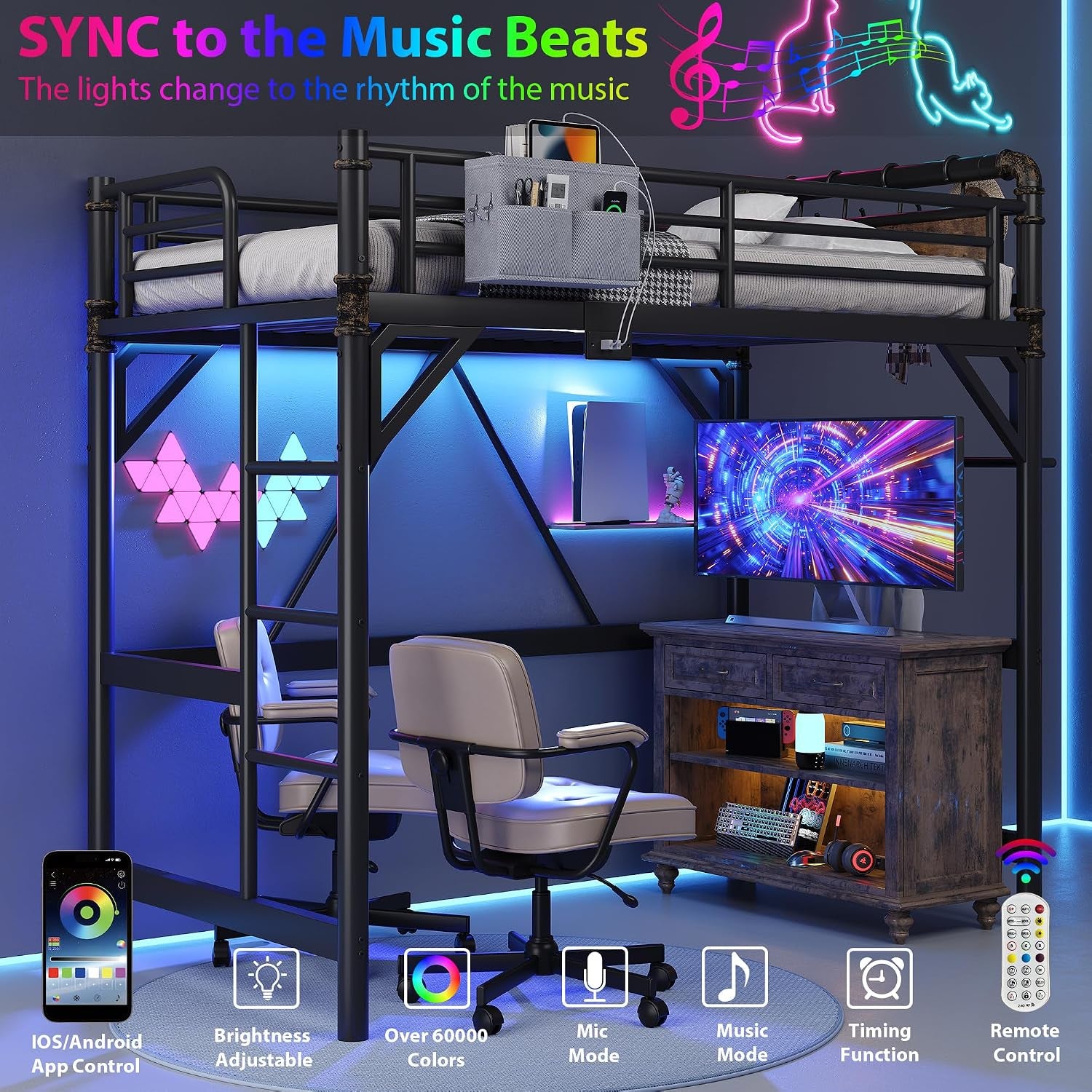 Black metal twin loft bed over a desk setup with two office chairs, blue LED lights and a monitor on a wooden cabinet.