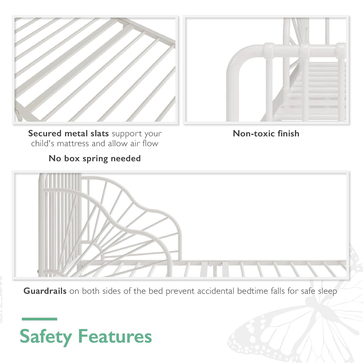 Close-up panels of metal slats, rounded tubular frame, and sunrise-style guardrail in off-white finish