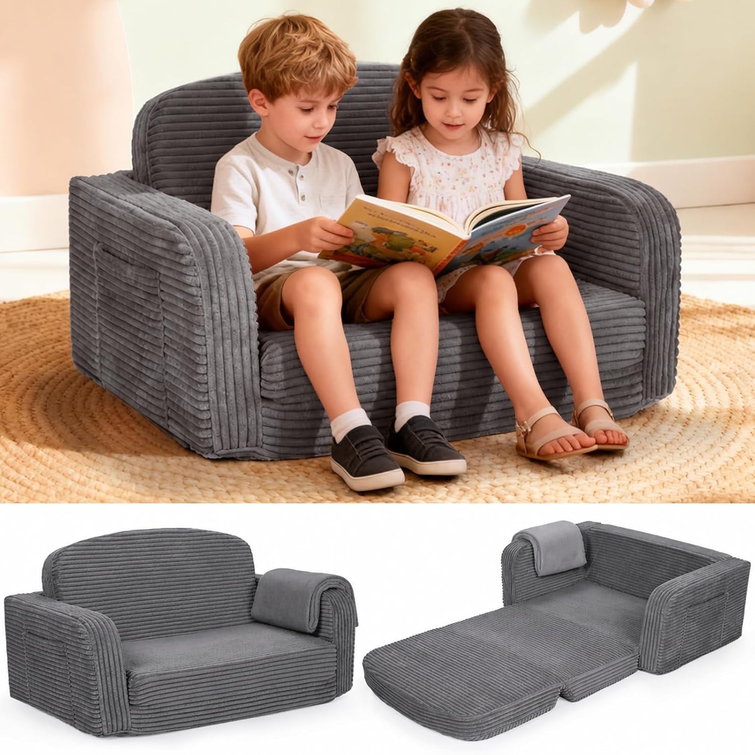 Dark gray corduroy toddler sofa with two children reading, plus smaller shots of sofa and unfolded bed.