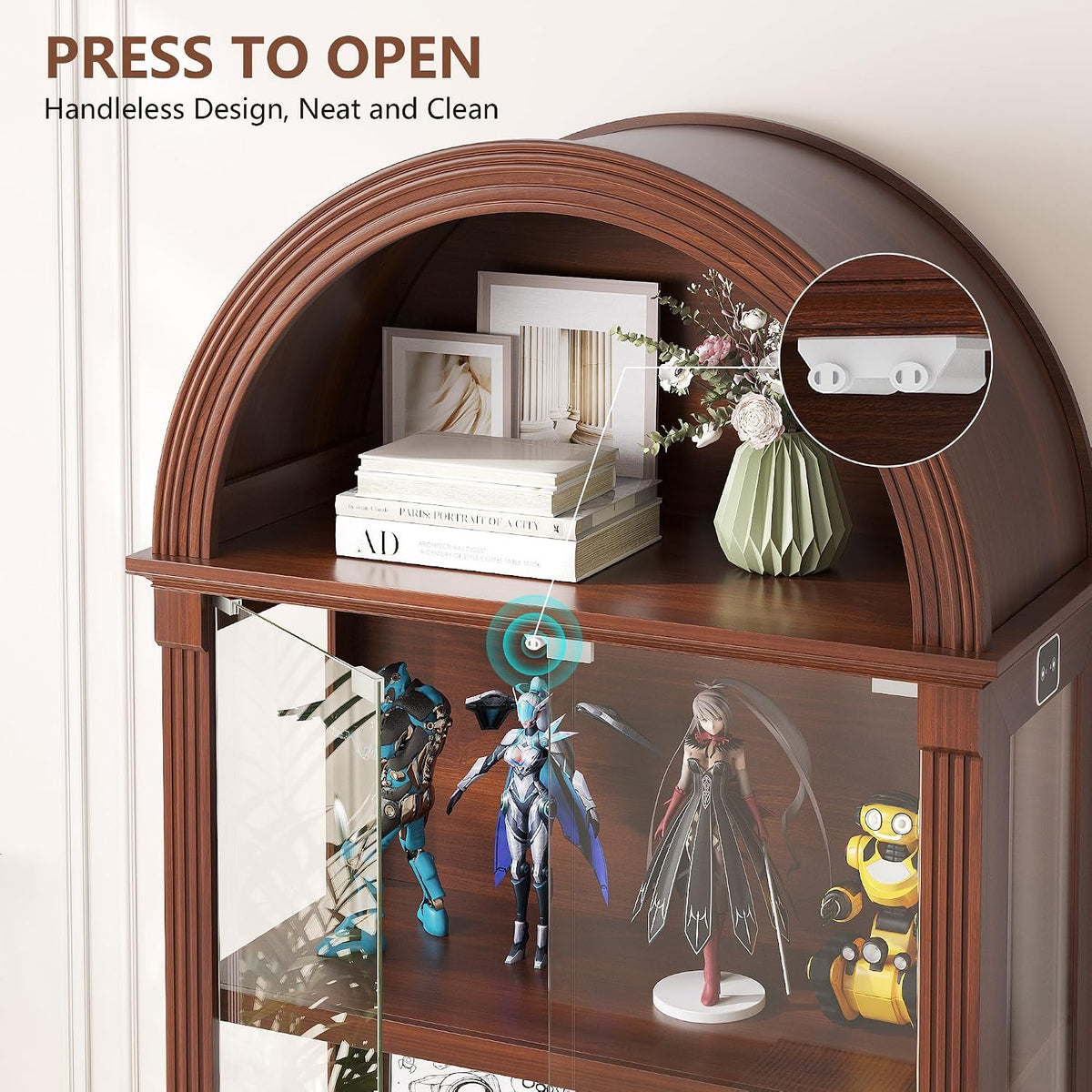 Close-up of the arched top and handle-free press-to-open tempered glass door mechanism on the cabinet