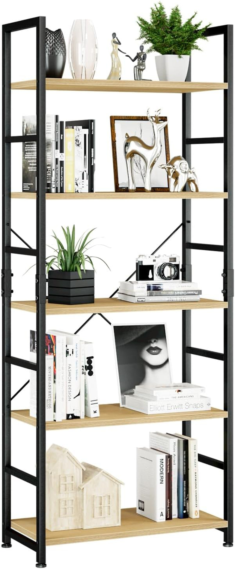 Tall five‑shelf bookcase with light wood shelves and black metal frame, styled with books and decor