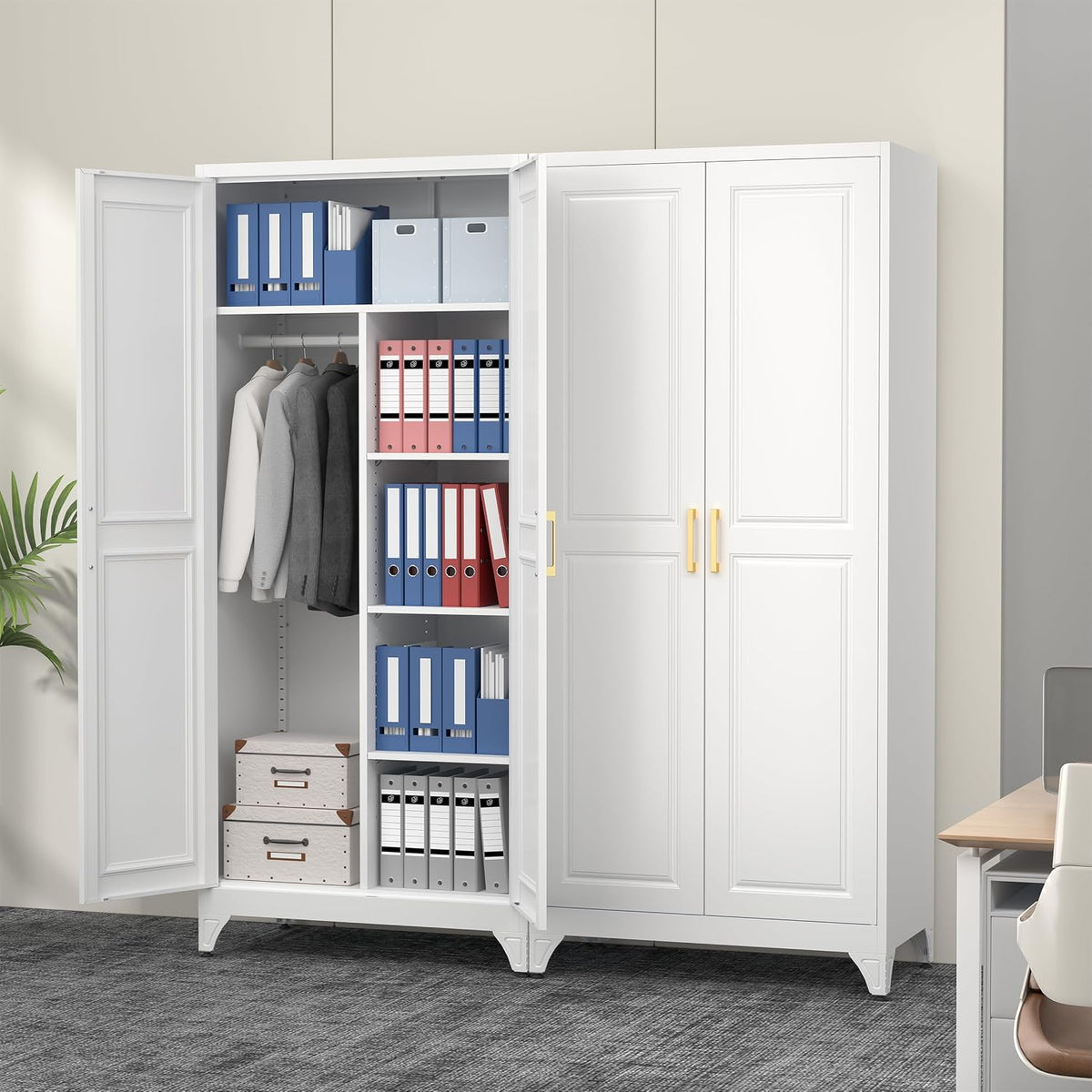 White wardrobe in an office scene, left doors open to reveal hanging jackets and shelves filled with file binders and
