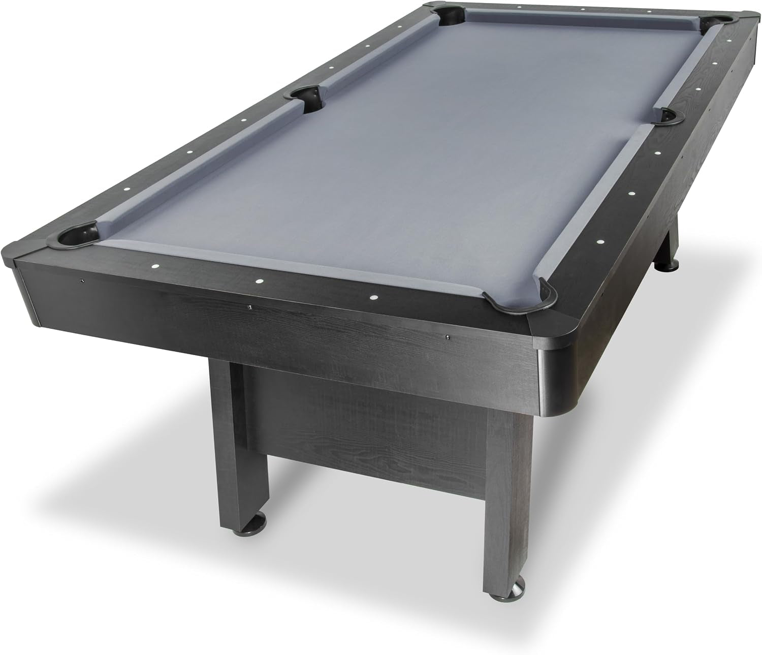 Angled view of a black wood-finish pool table with gray felt and corner pockets, on a light background