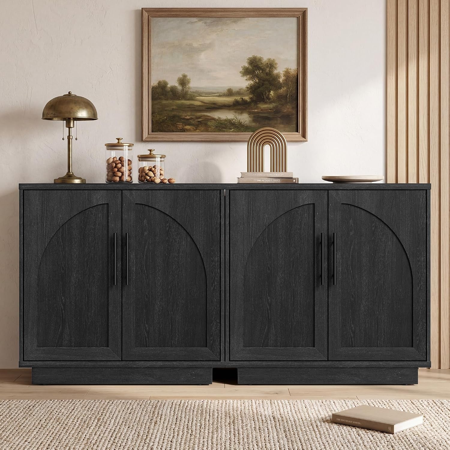 Black wood four-door sideboard with subtle arched detailing and slender black handles, front view