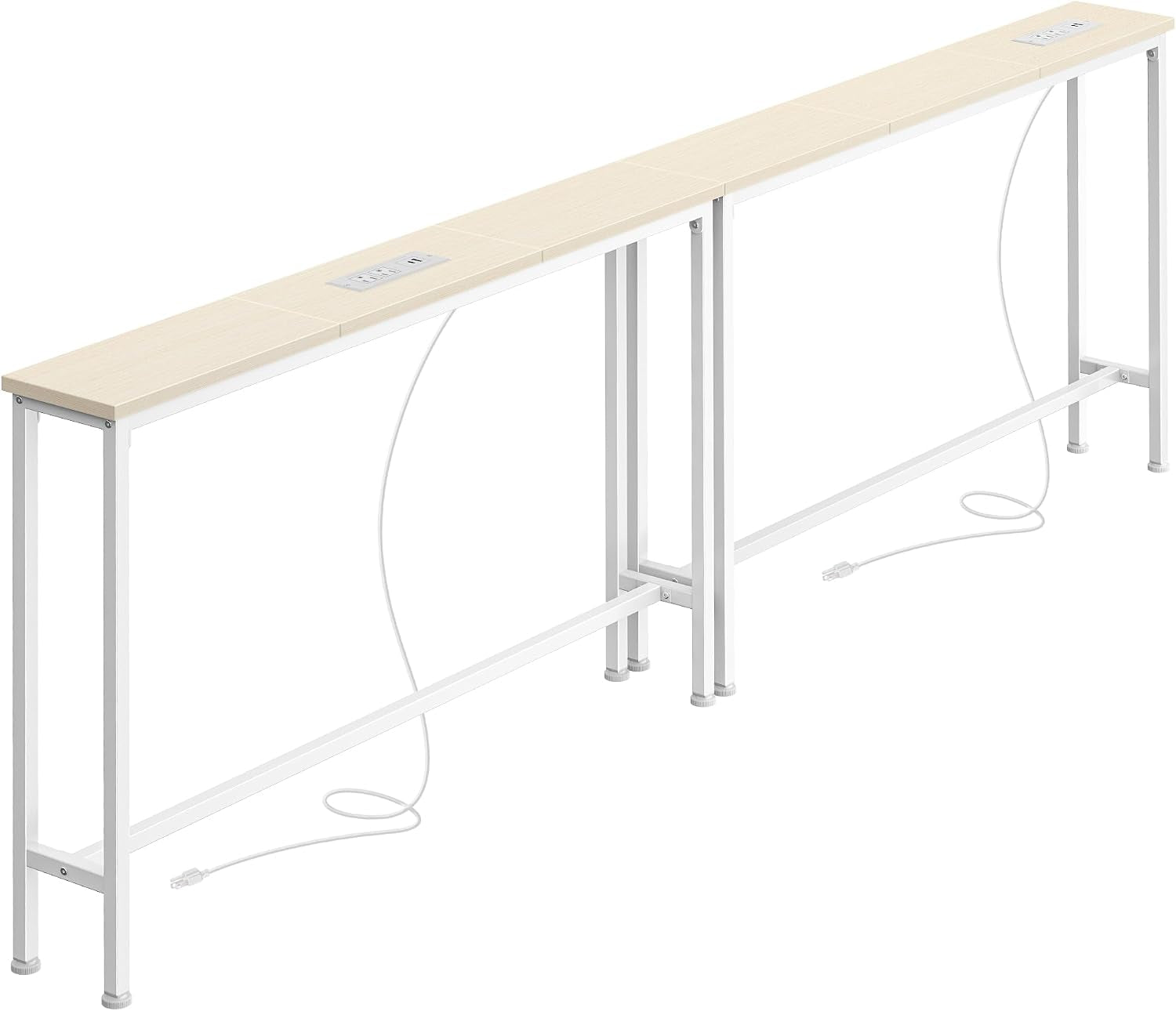 Long narrow console table with pale wood top and white metal frame, showing power cord and top charging panel