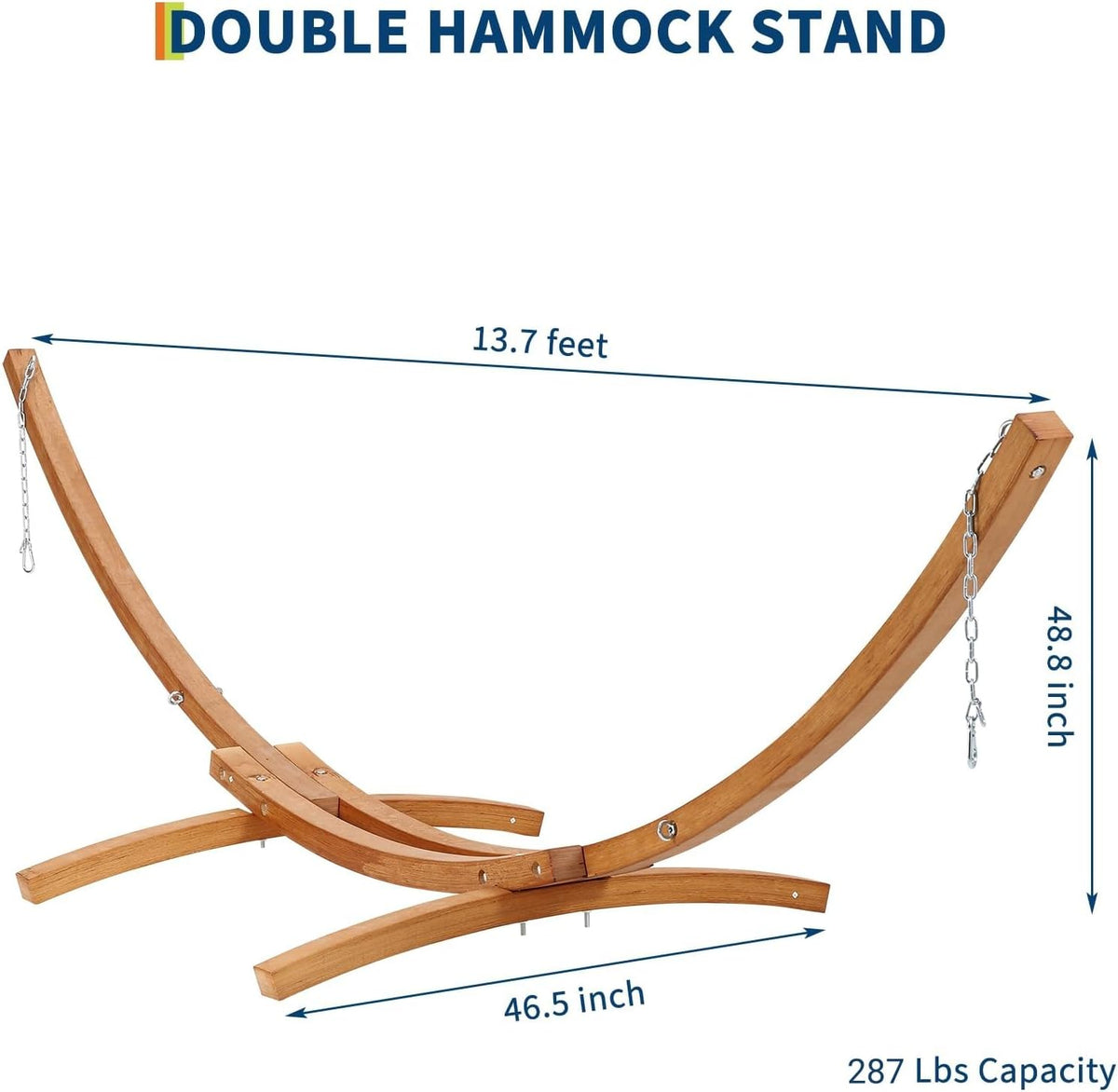 Assembled double curved wood hammock stand shown with arrows indicating overall length and height