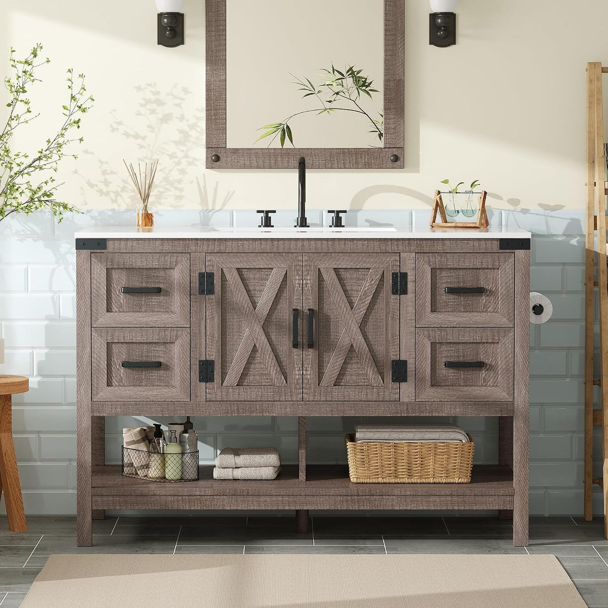 Wide weathered-taupe vanity with central X-panel doors and four drawers, open shelf below