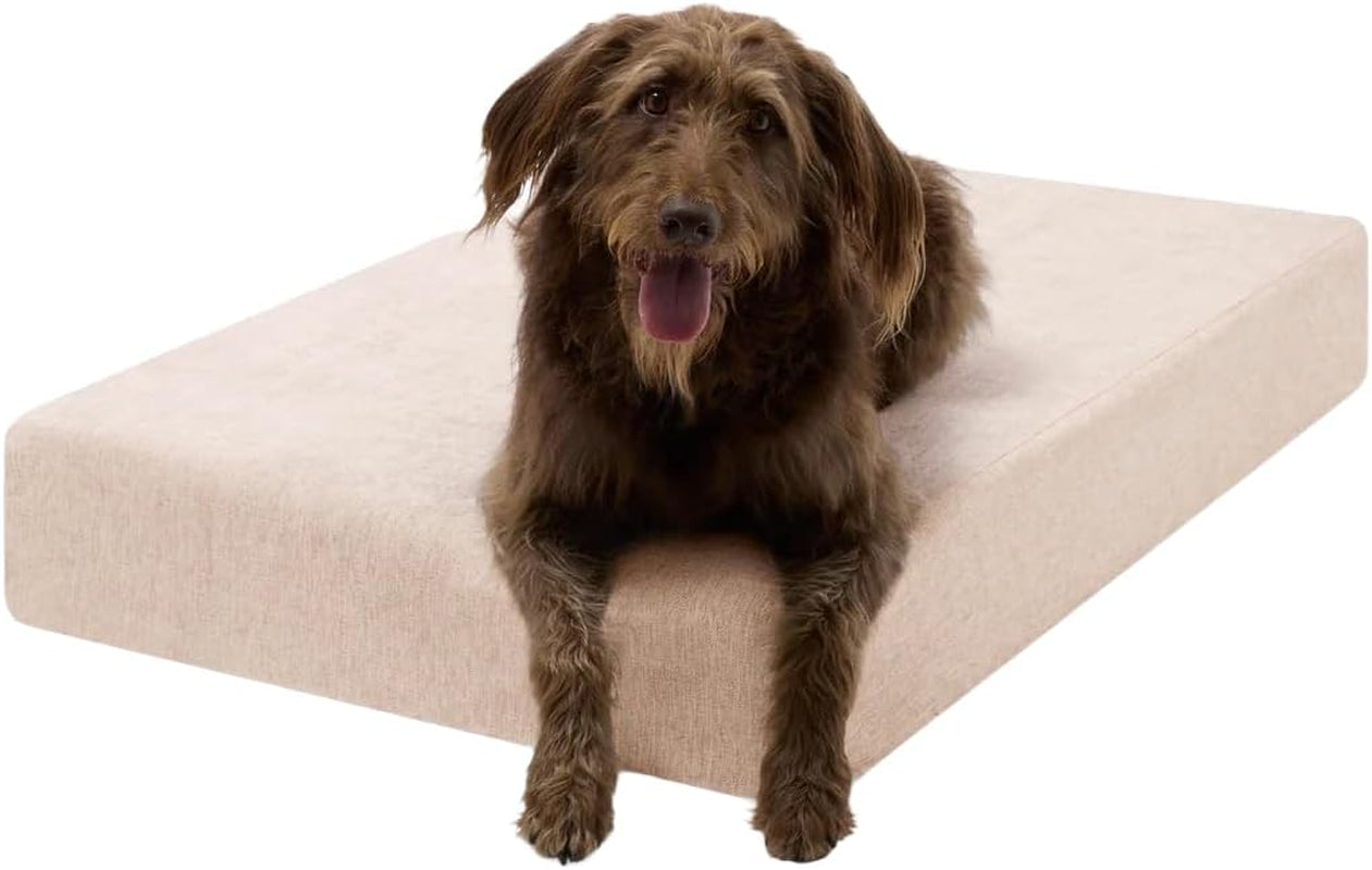 Driftwood-colored rectangular memory-foam dog mattress with a brown long-haired dog lying at the front.