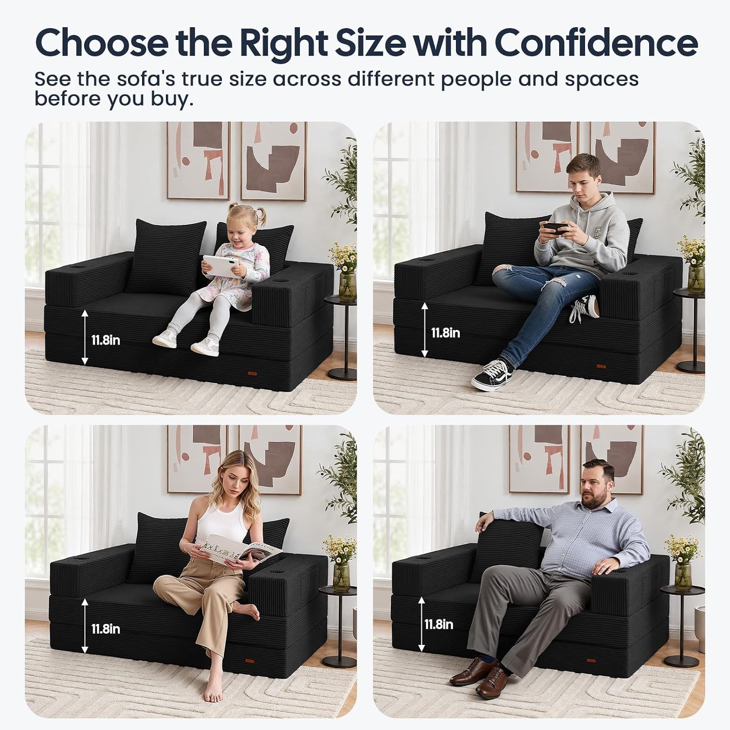 Futon Sofa Bed, Convertible Sofa Bed, Folding Boneless Couches | Low-Profile Boneless Couch for Living Room, 11.8" H Low Seat Small 59" Foldable Floor Sleeper Mattress Lounge Space‑Saving