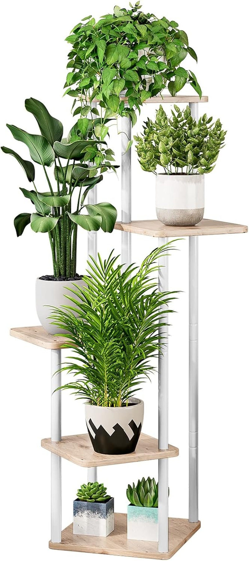 Light wood finish corner plant stand with white metal posts on a white background, angled front view with potted plants
