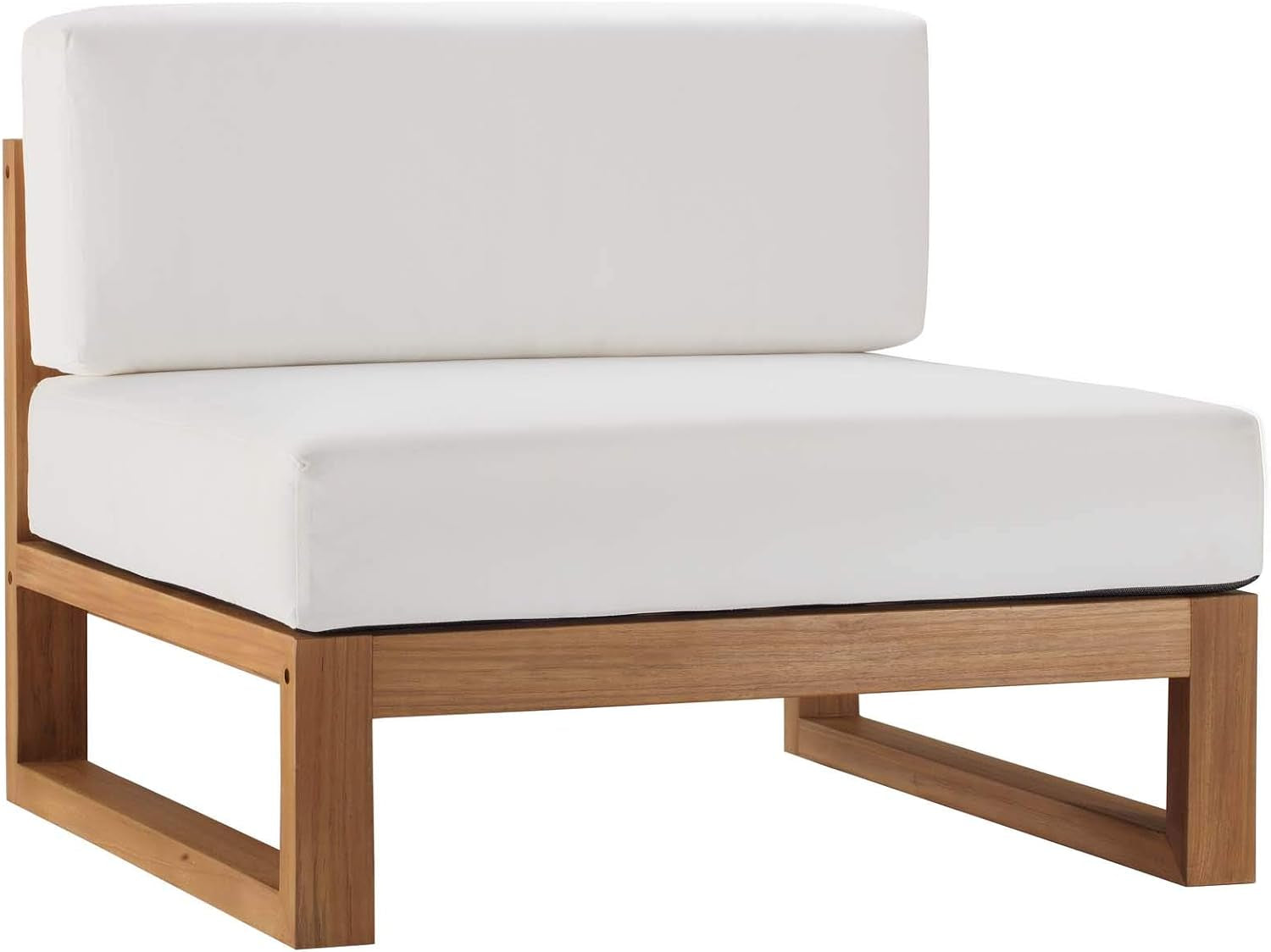 Angled front corner view highlighting the low teak base and thick white seat cushion