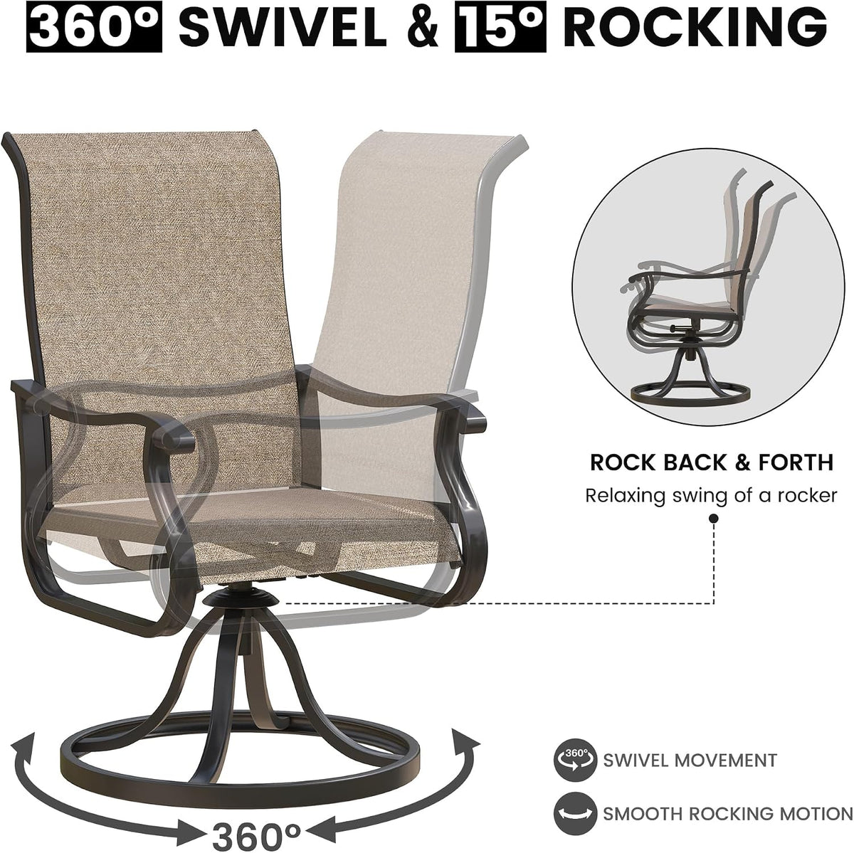 Graphic of a single chair illustrating 360° swivel and 15° rocking motion with motion overlays