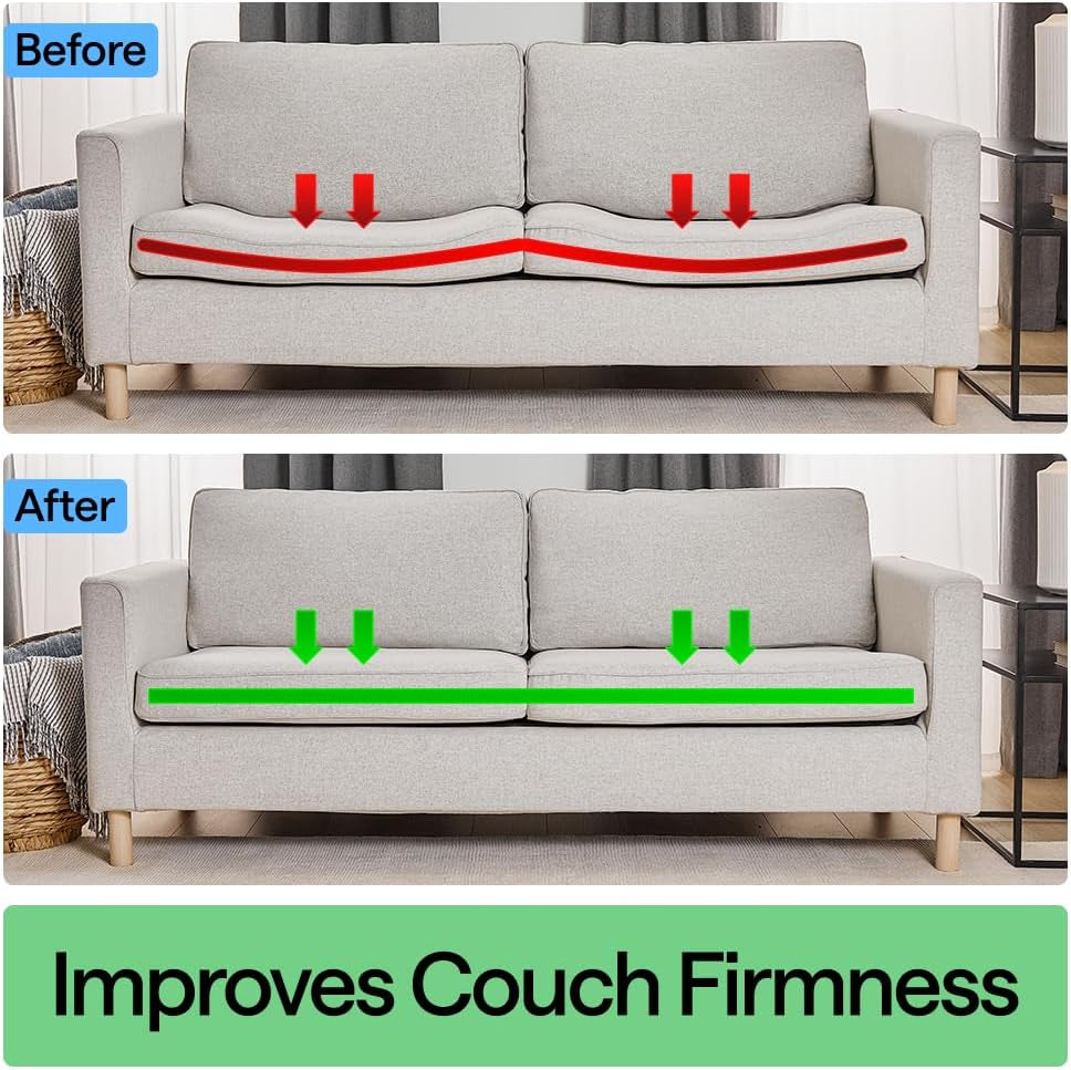 Before/after sofa images: top shows sagging cushions, bottom shows level cushions with green indicators
