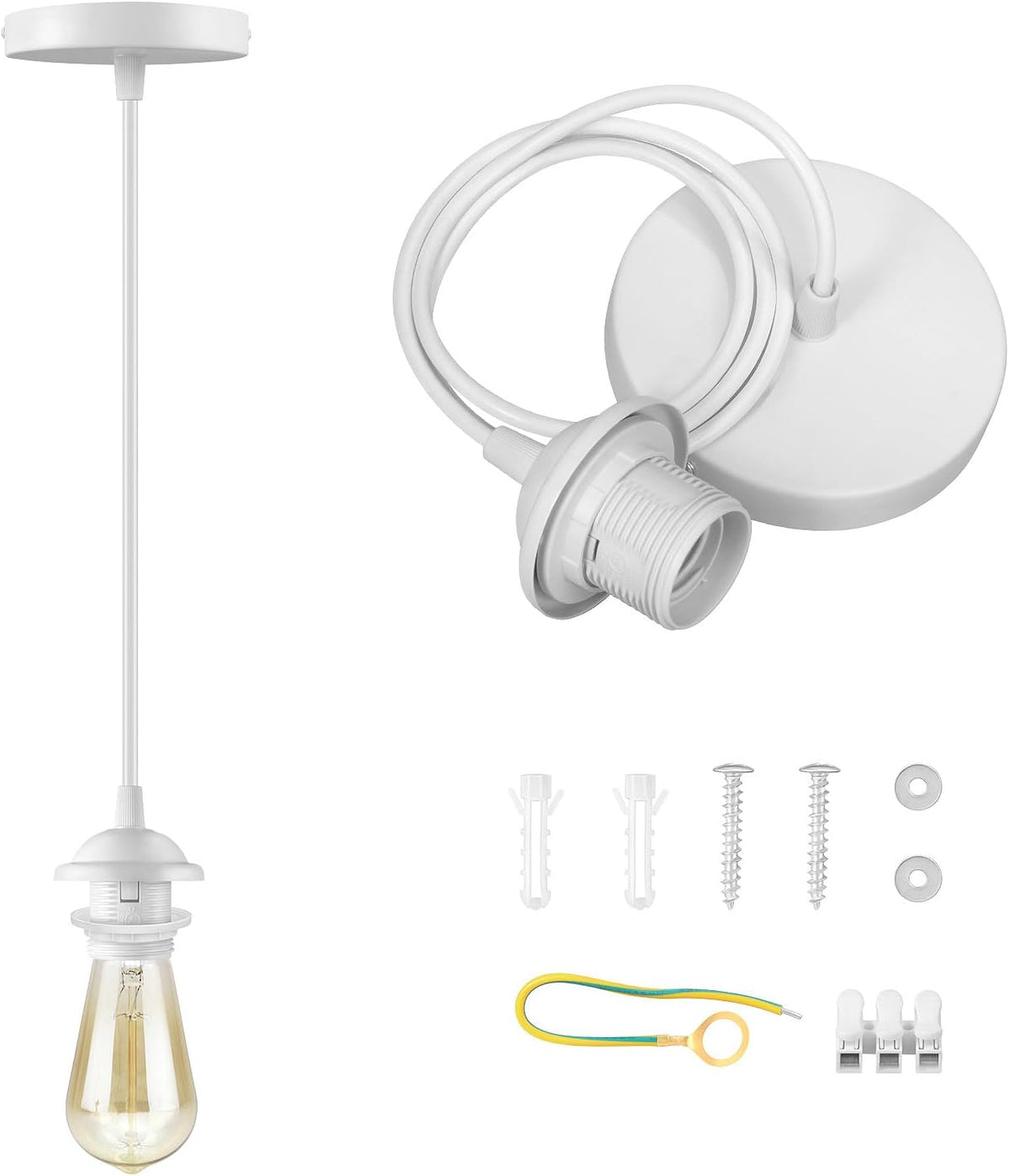 White ceiling canopy, white socket and coiled cord with mounting screws and connectors on white background.