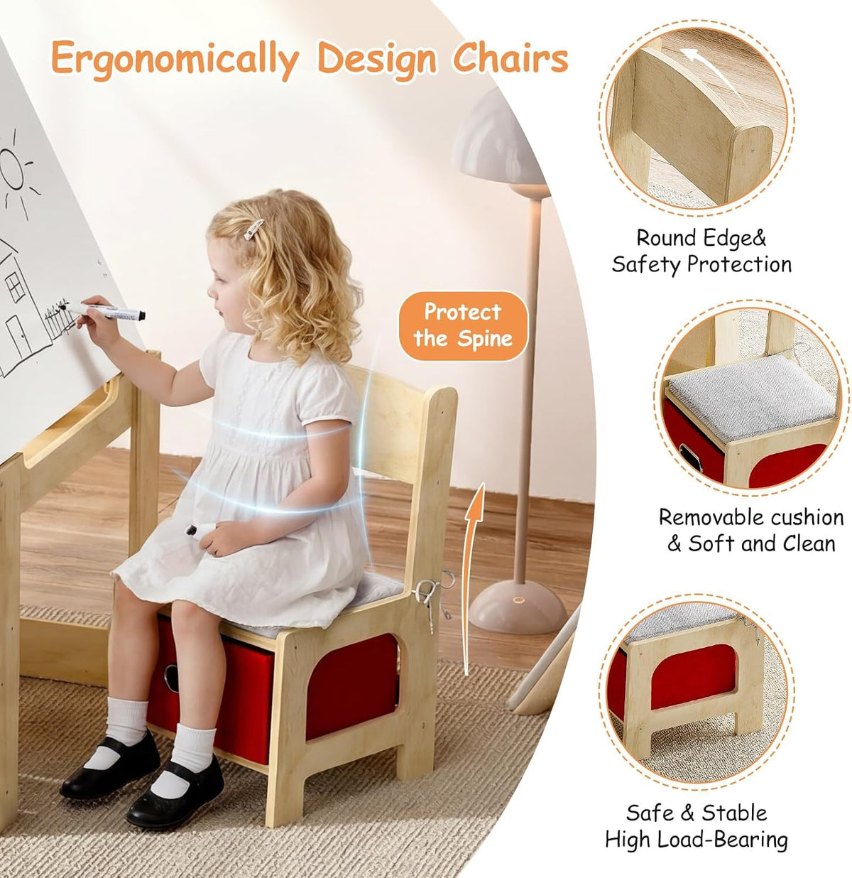 Toddler seated on a wooden chair drawing on a white tilted easel beside a small activity table and storage chairs.