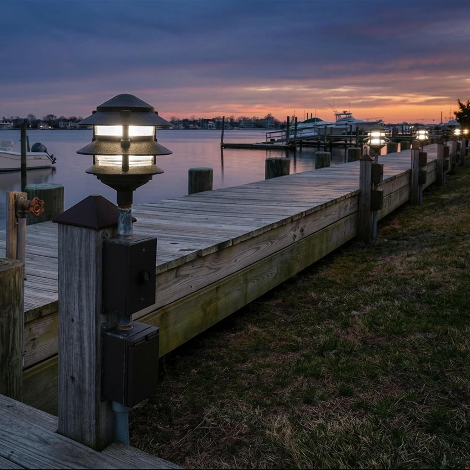 Bronze pathway light mounted on a dock post overlooking water at dusk with a line of lights along the pier