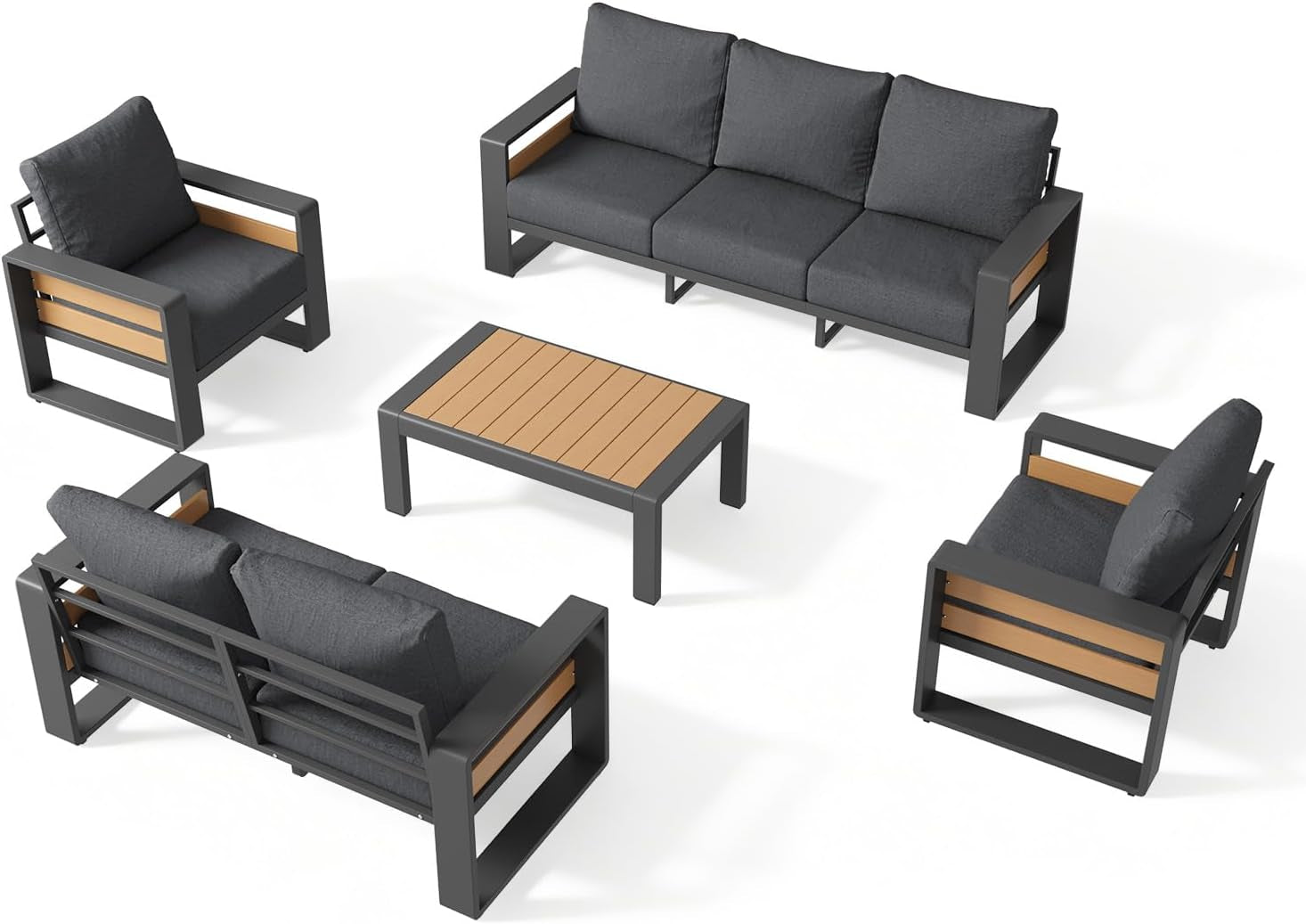 Five-piece patio seating set with charcoal metal frames and dark gray cushions on white background.