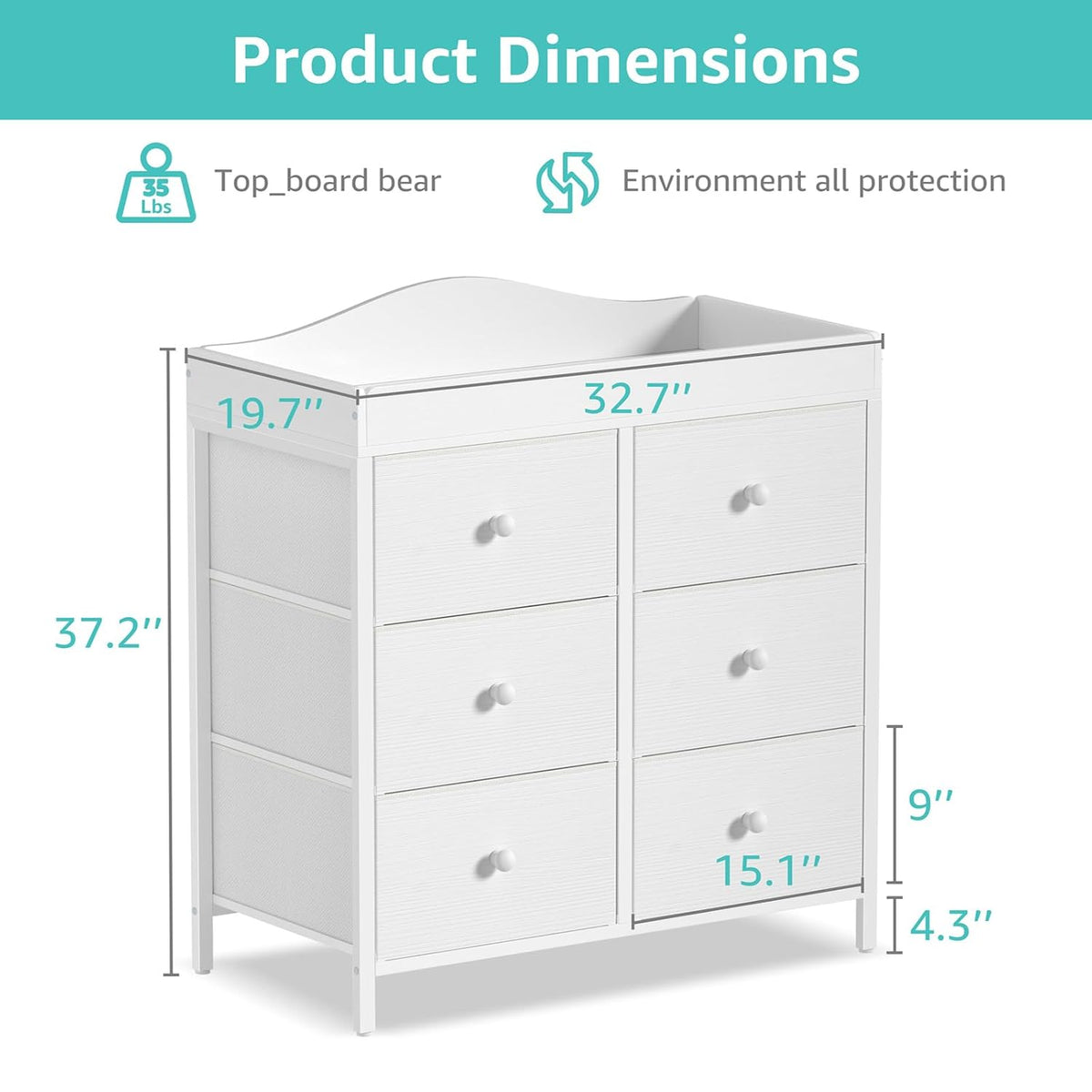Three-quarter view of a white changing dresser with dimension callouts for height, width and top depth.