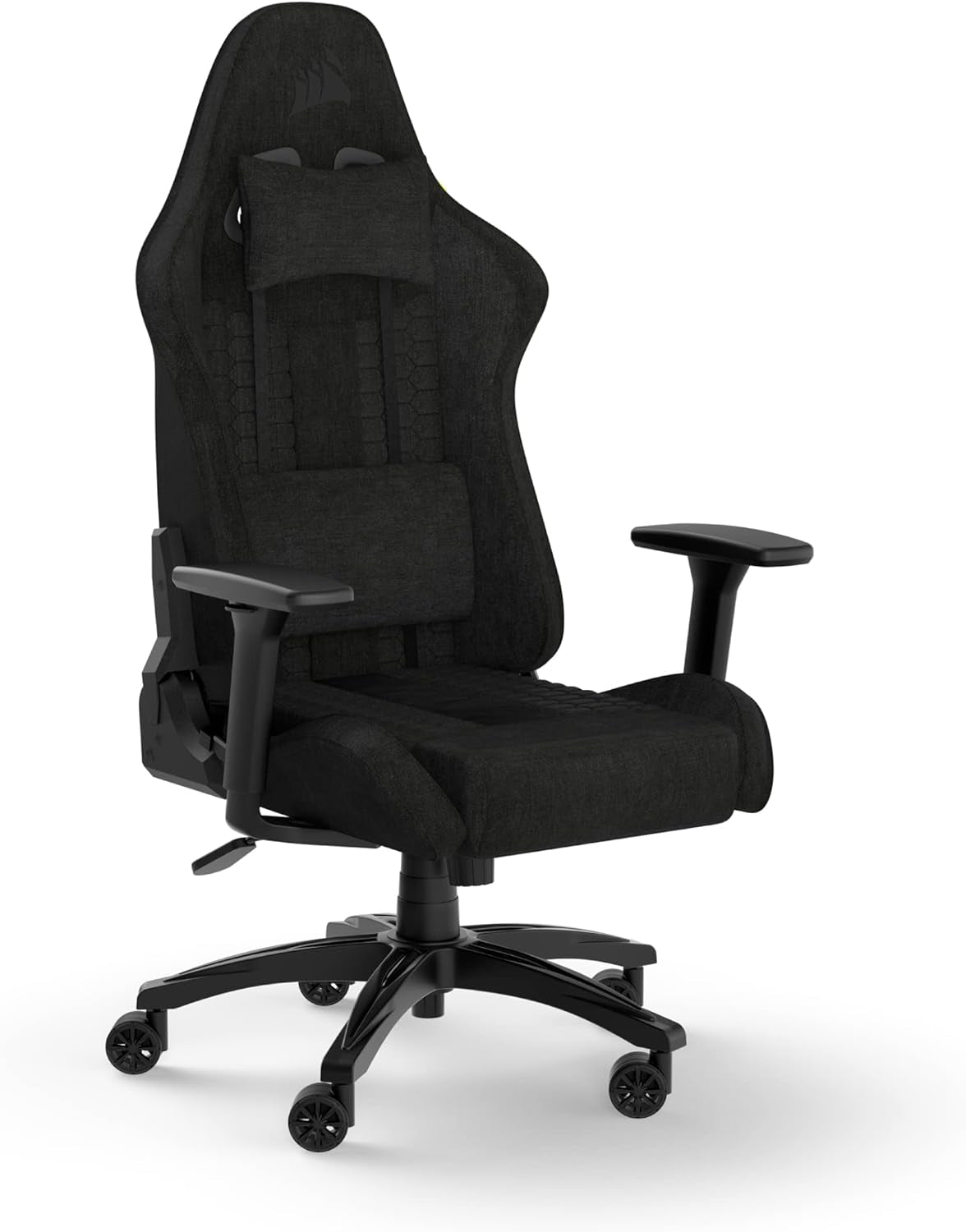 Three-quarter view of a gray-black fabric racing-style gaming chair with lumbar and neck pillows, adjustable armrests, and