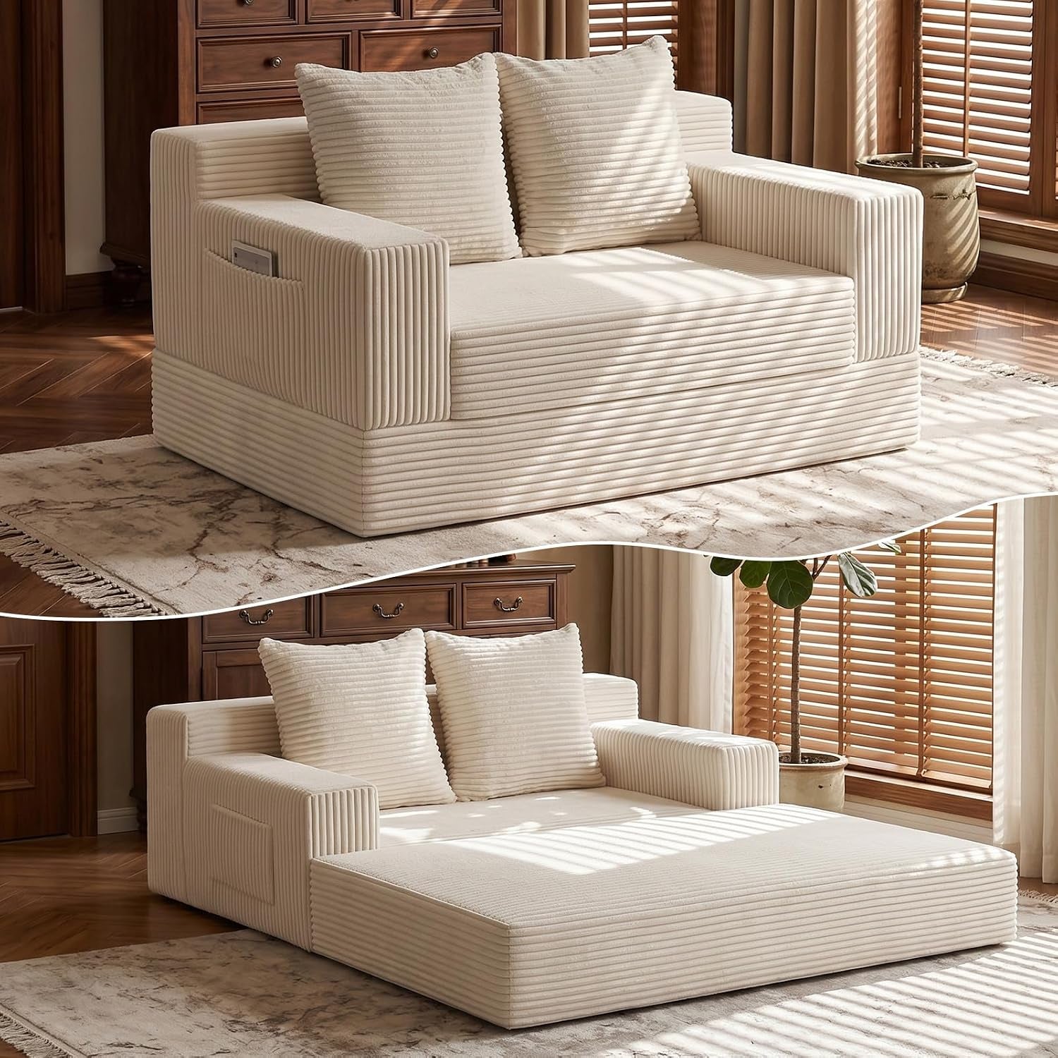 Boneless Loveseat Couch Folding Sofa Bed, Foldable Floor Futon Sleeper Couch Bed - Convertible Sofa Bed, Corduroy Pull Out Sofa Bed with 2 Pillows for Living Room & Bedroom