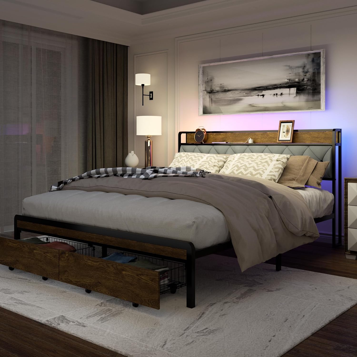Angled bedroom shot of a queen bed with tufted gray headboard, wood-framed base and two open wood storage drawers.