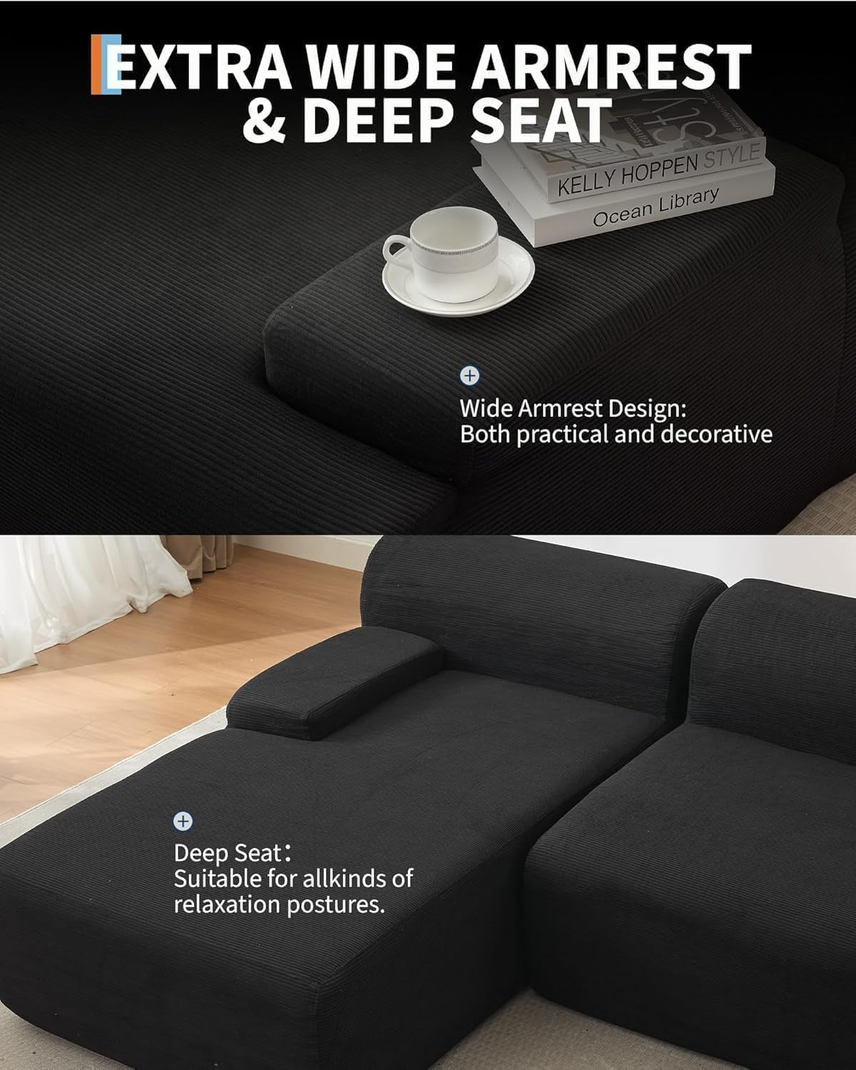 Oversized 108" Corduroy Cloud Sectional, Left-Facing Chaise Boneless Modular Sofa, Soft Deep Lounger for Living Room, No Assembly Needed