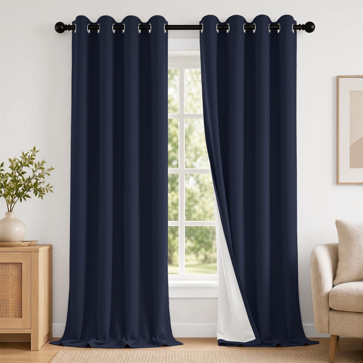 Deep navy grommet curtains draped to the floor with one panel folded back showing white lining.