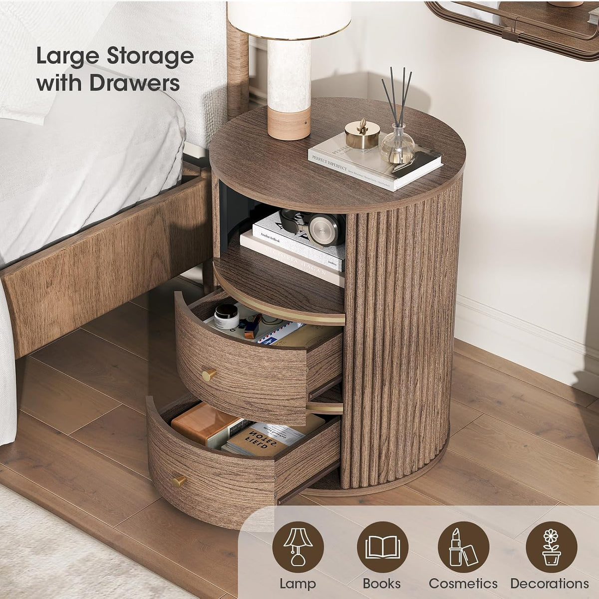 Angled view of walnut round nightstand with both drawers open showing interior storage and the central open shelf
