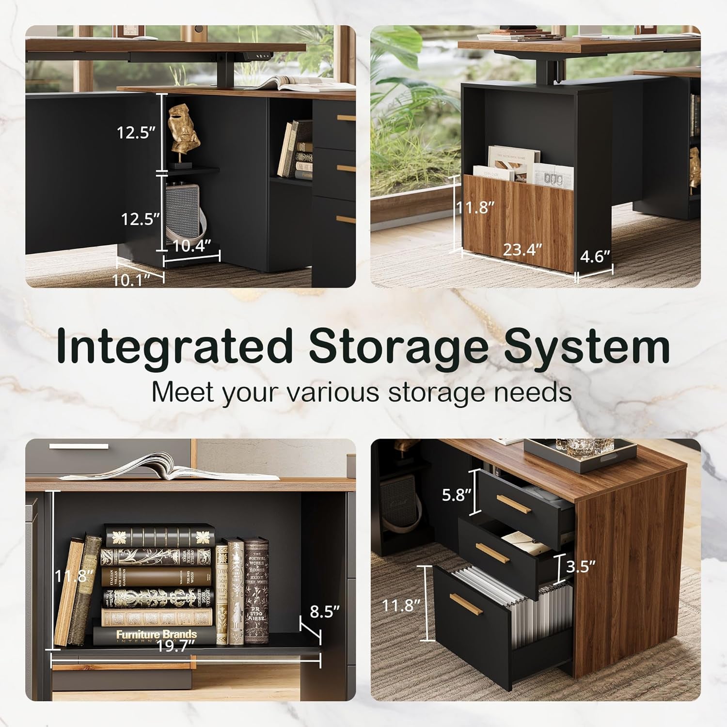 Close-up of integrated storage showing open shelves and a three-drawer cabinet with visible file drawer