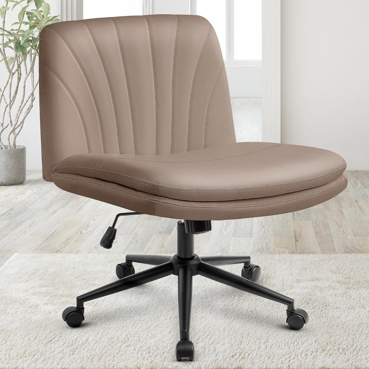 Orange Factory Criss Cross Chair, Wide Fabric Vanity Desk Seat, Beige Wheel | Cross-Legged with 360°, gallery view 20