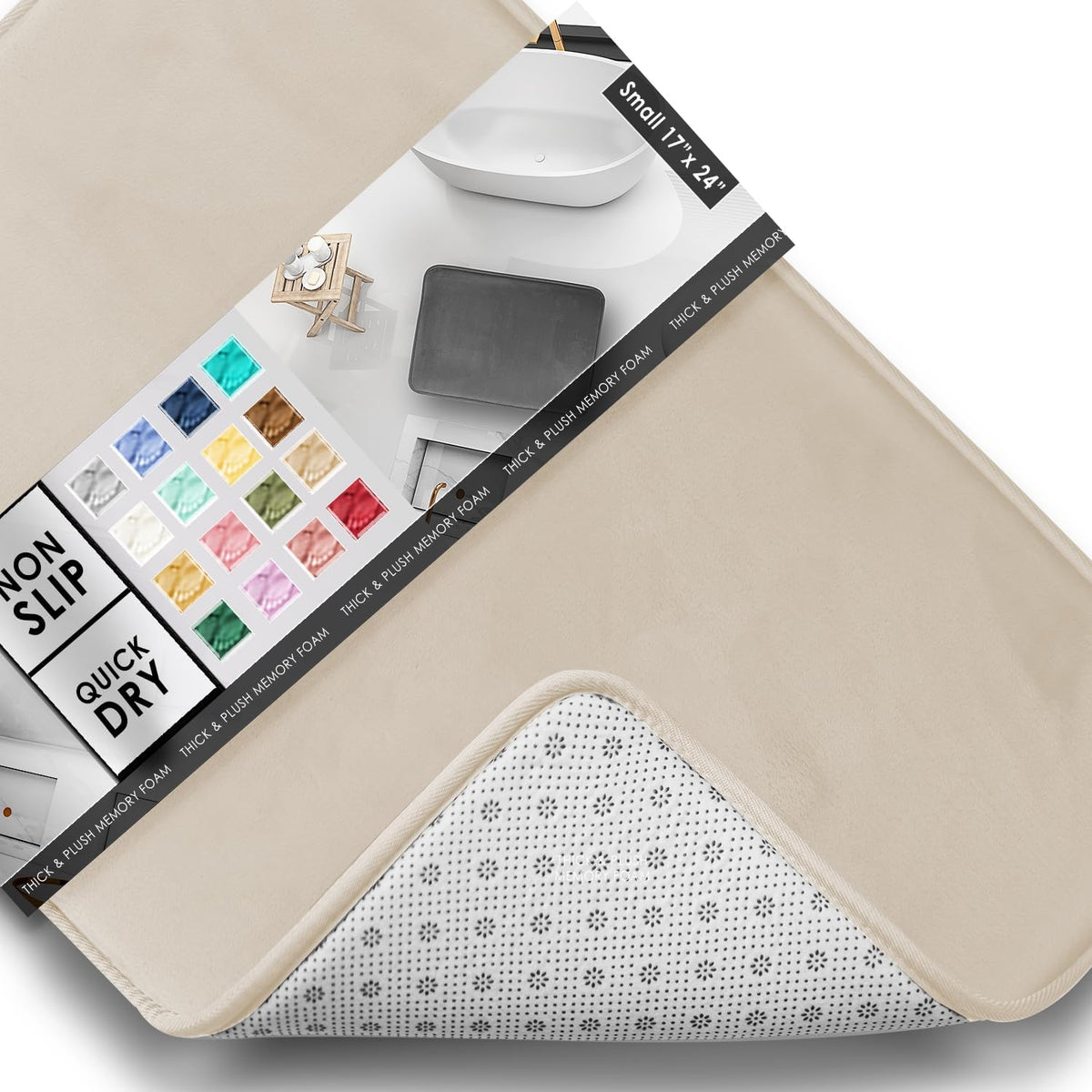 Beige rectangular bath rug with a corner flipped to show patterned non-slip underside and a packaging swatch panel.