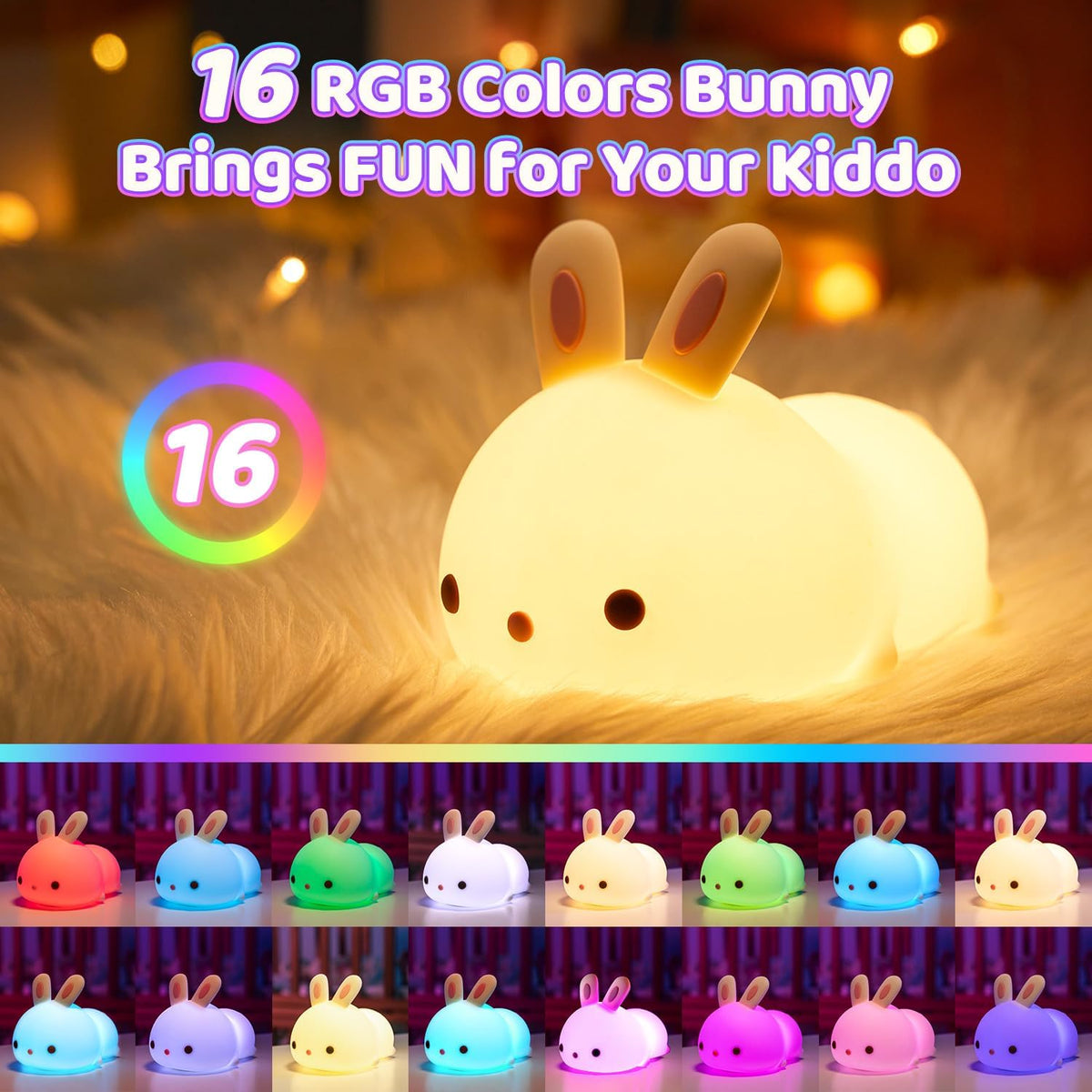 Bunny night light on a faux-fur surface with a strip of small thumbnails showing the lamp in multiple colors