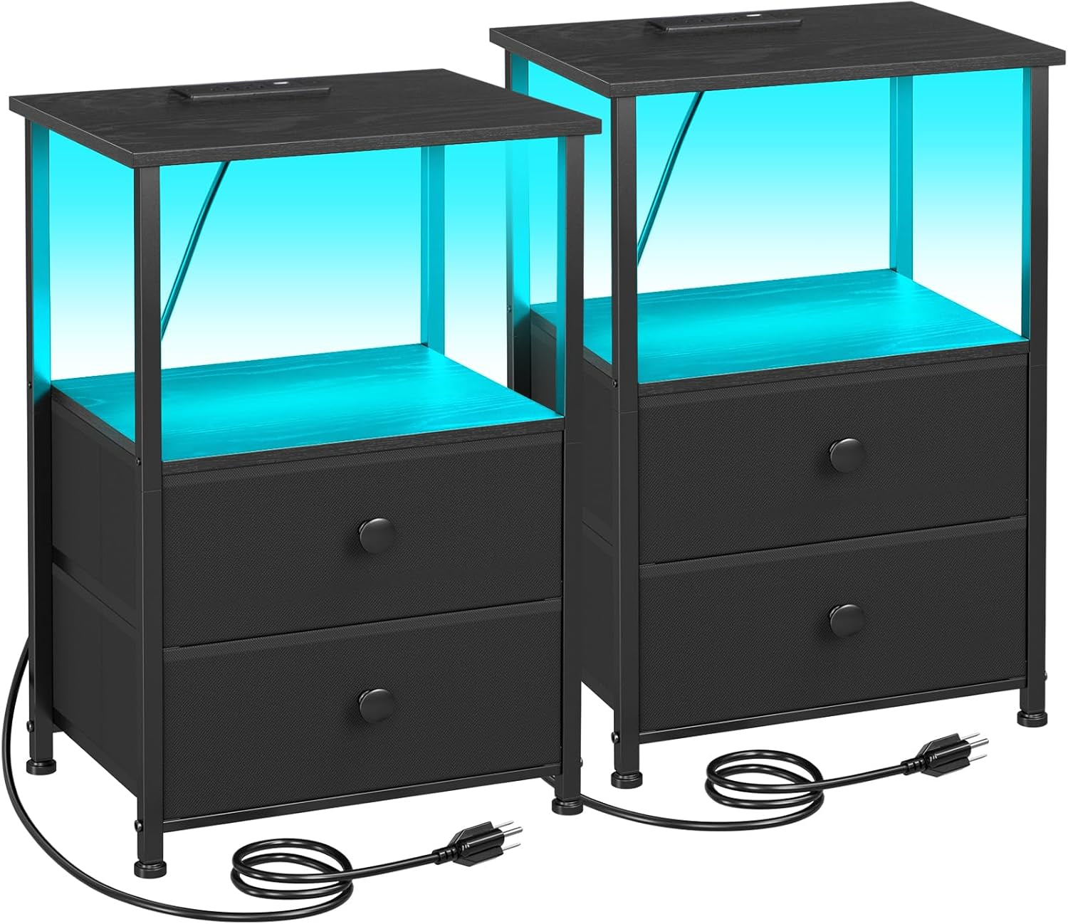 Pair of black two-drawer nightstands with open shelf, power cords and top charging station visible