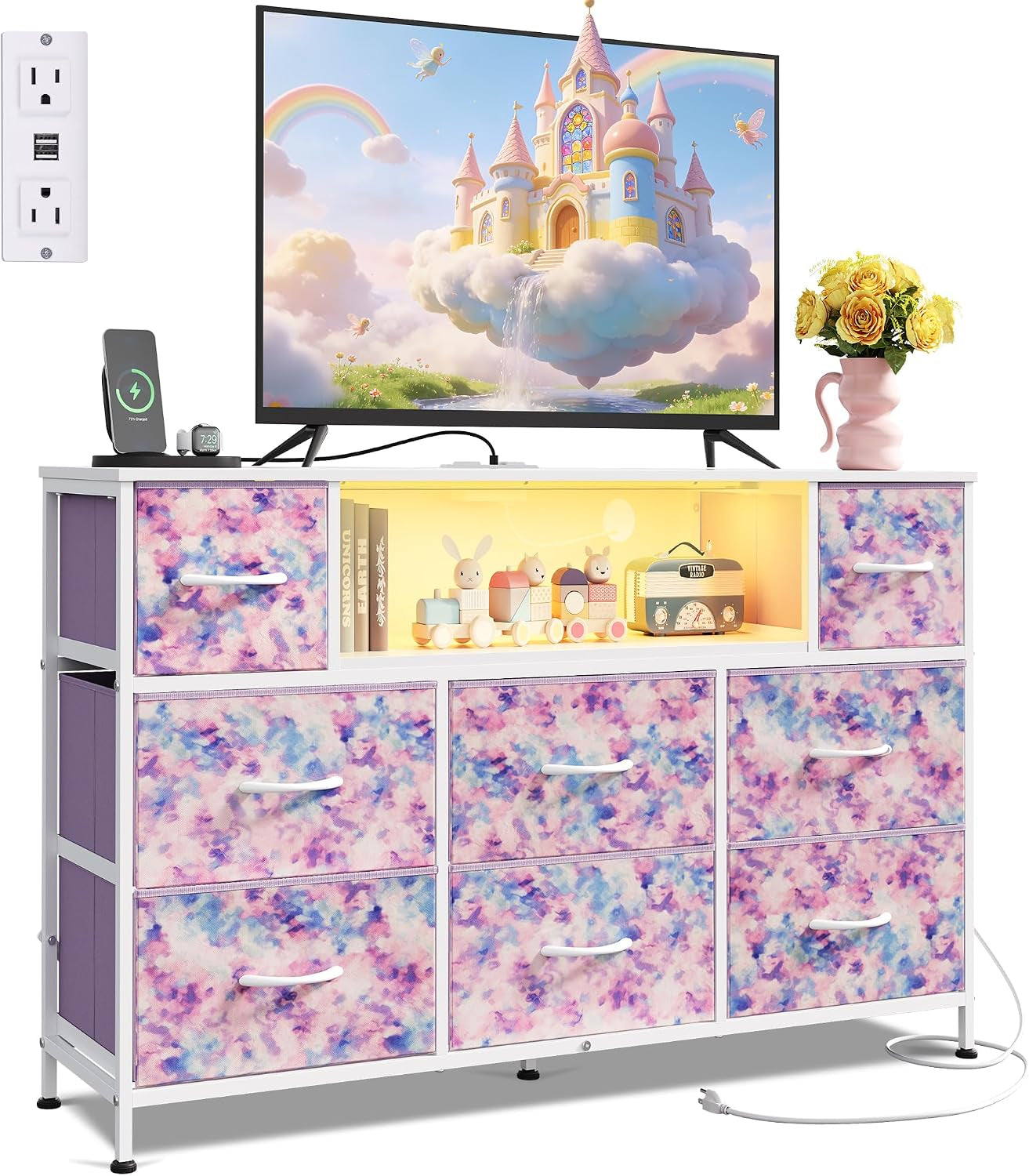 Front view of a multicolor watercolor-pattern 8-drawer dresser with glowing center shelf and TV