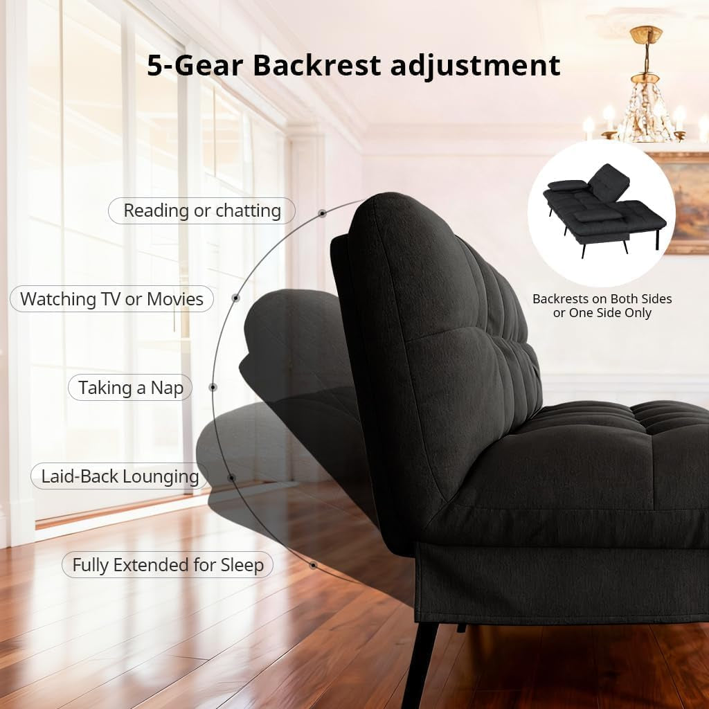 Side view of a black futon showing multiple recline positions with an overlay graphic.