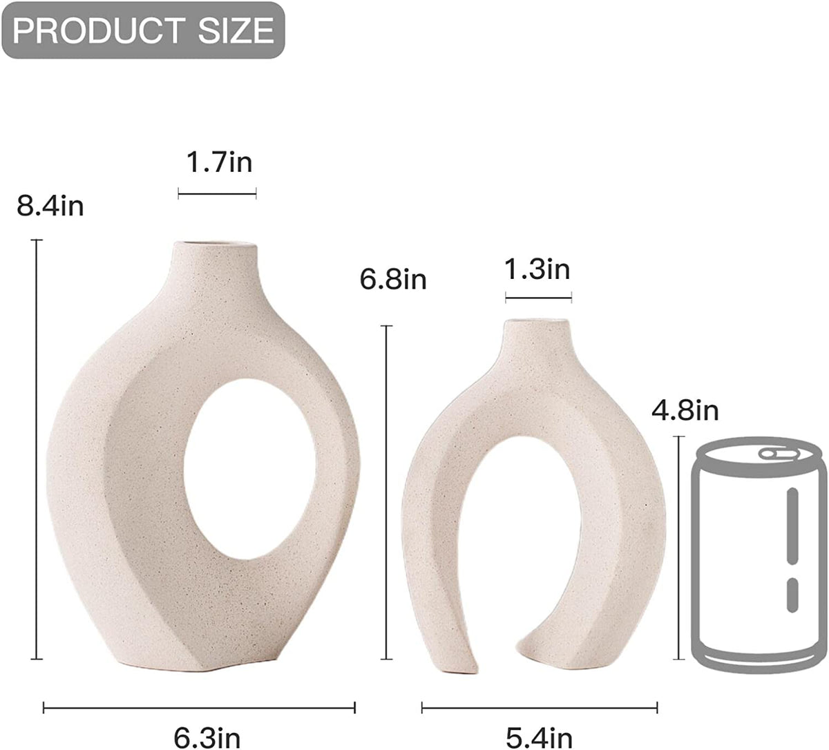 Scale diagram with measurements: taller vase 6.3 x 8.4 in (neck 1.7 in) and shorter 5.4 x 6.8 in (neck 1.3 in)