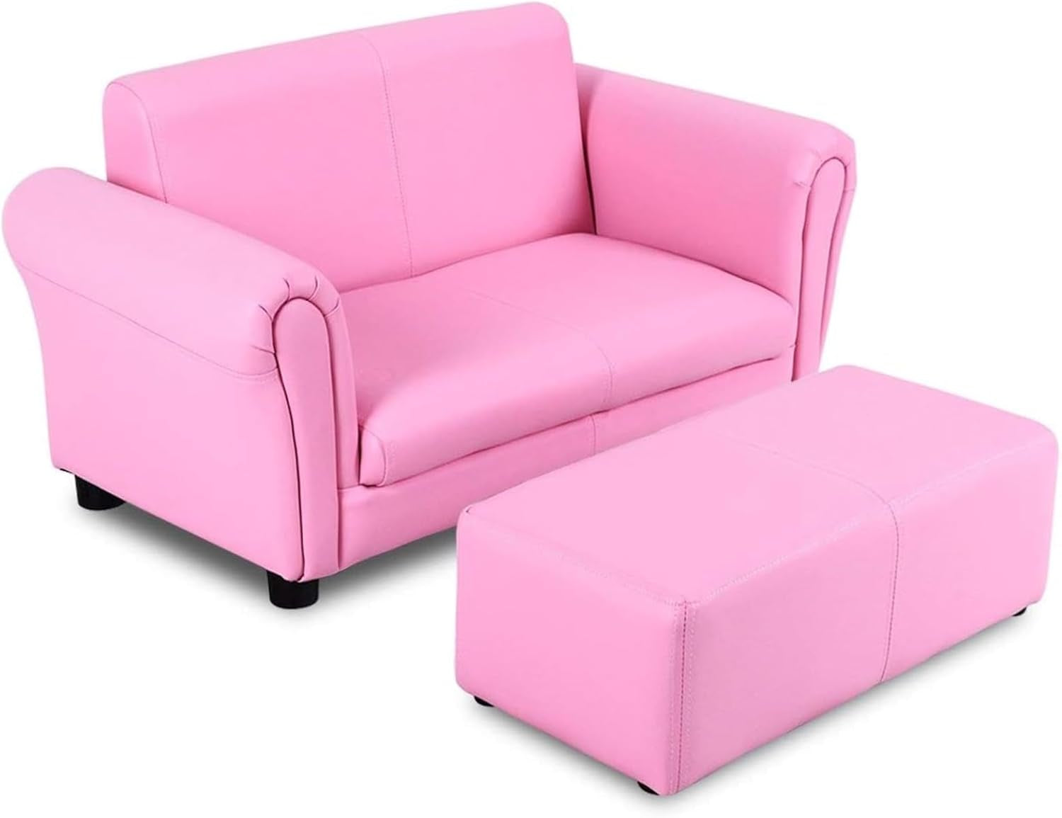 Three-quarter view of a pink two-seat upholstered sofa with rolled arms and a matching rectangular ottoman on a white