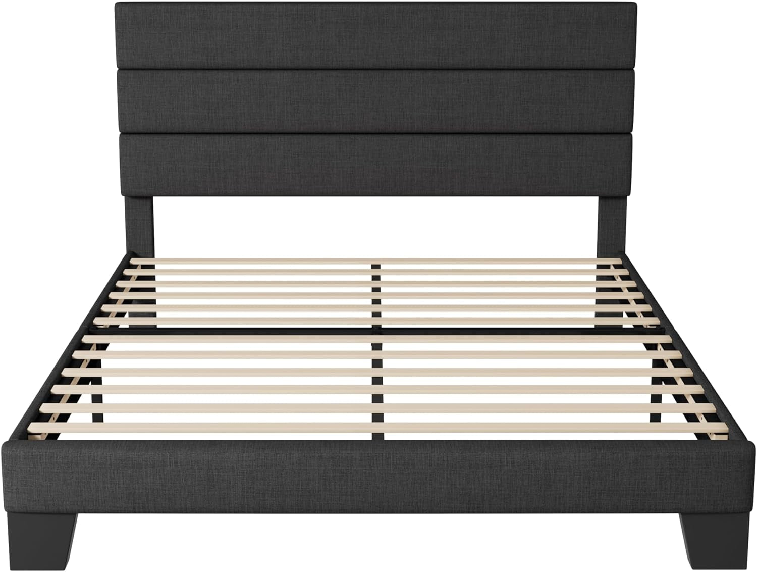 Straight-on isolated view of the dark gray bed frame with three-panel headboard and exposed slats.