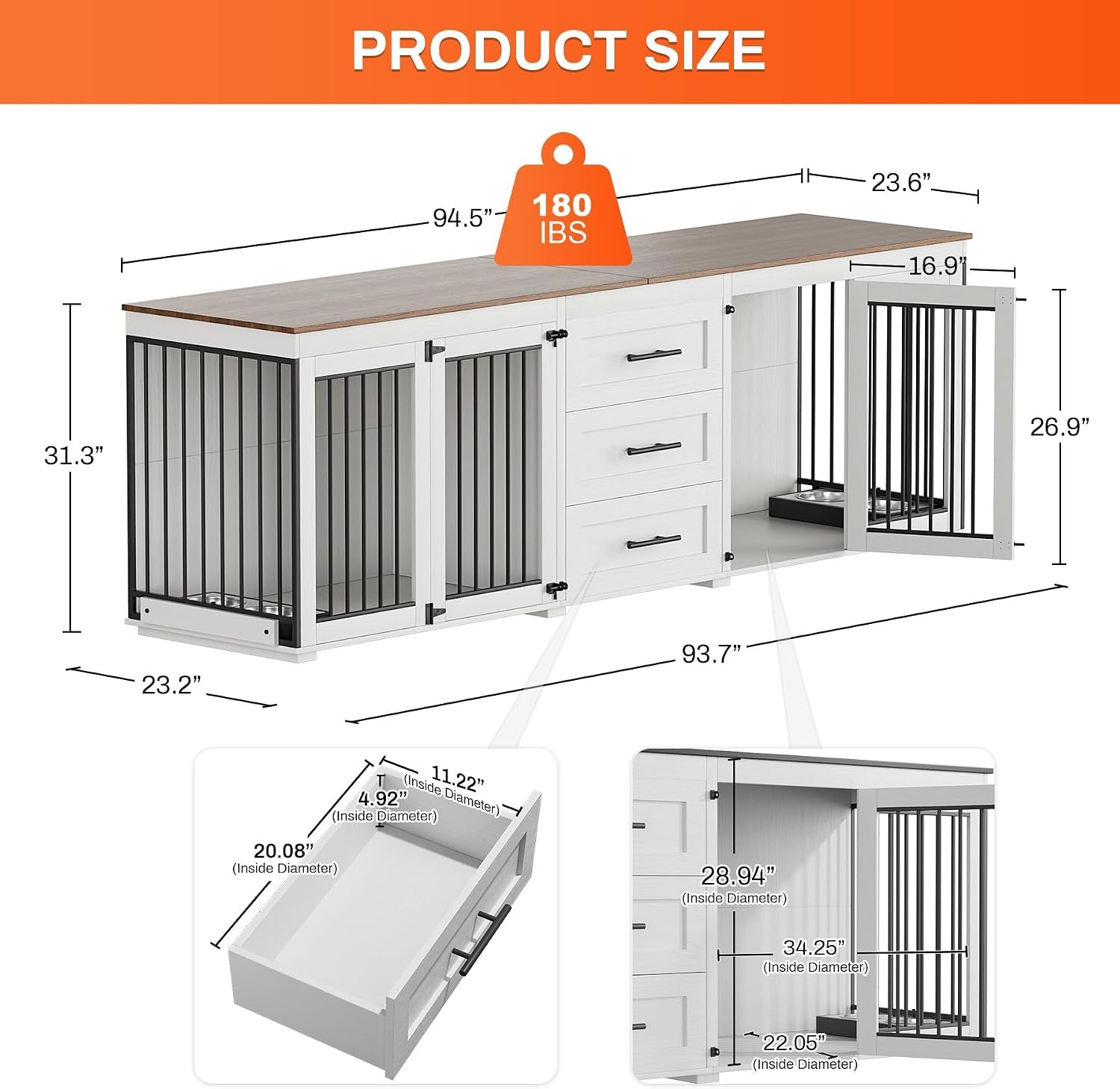 White double dog crate TV stand with dimension diagram and callouts showing interior and drawer measurements