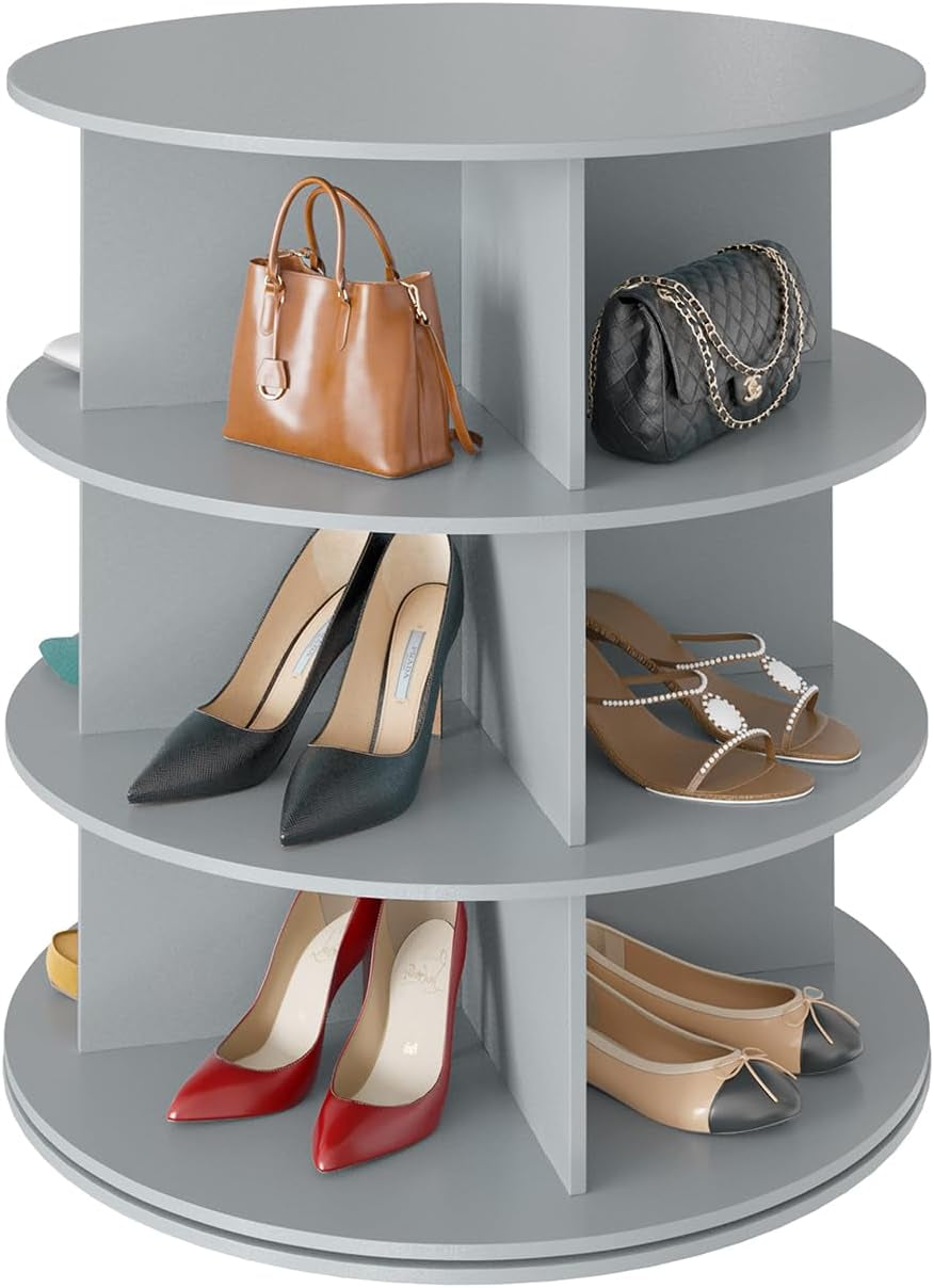 Close-up of three gray tiers showing handbags on the top shelf and pairs of heels below.