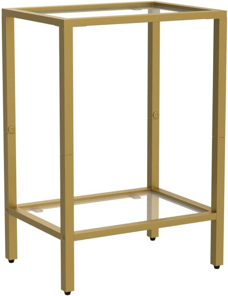 Close-up of gold metal frame and lower tempered glass shelf showing adjustable feet