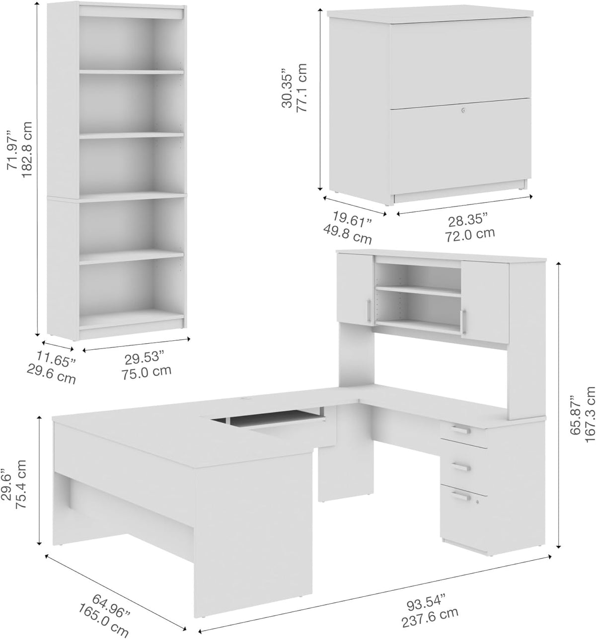 Dimension diagram of a three-piece U-shaped desk set with hutch, lateral file and tall bookcase, measurements shown.