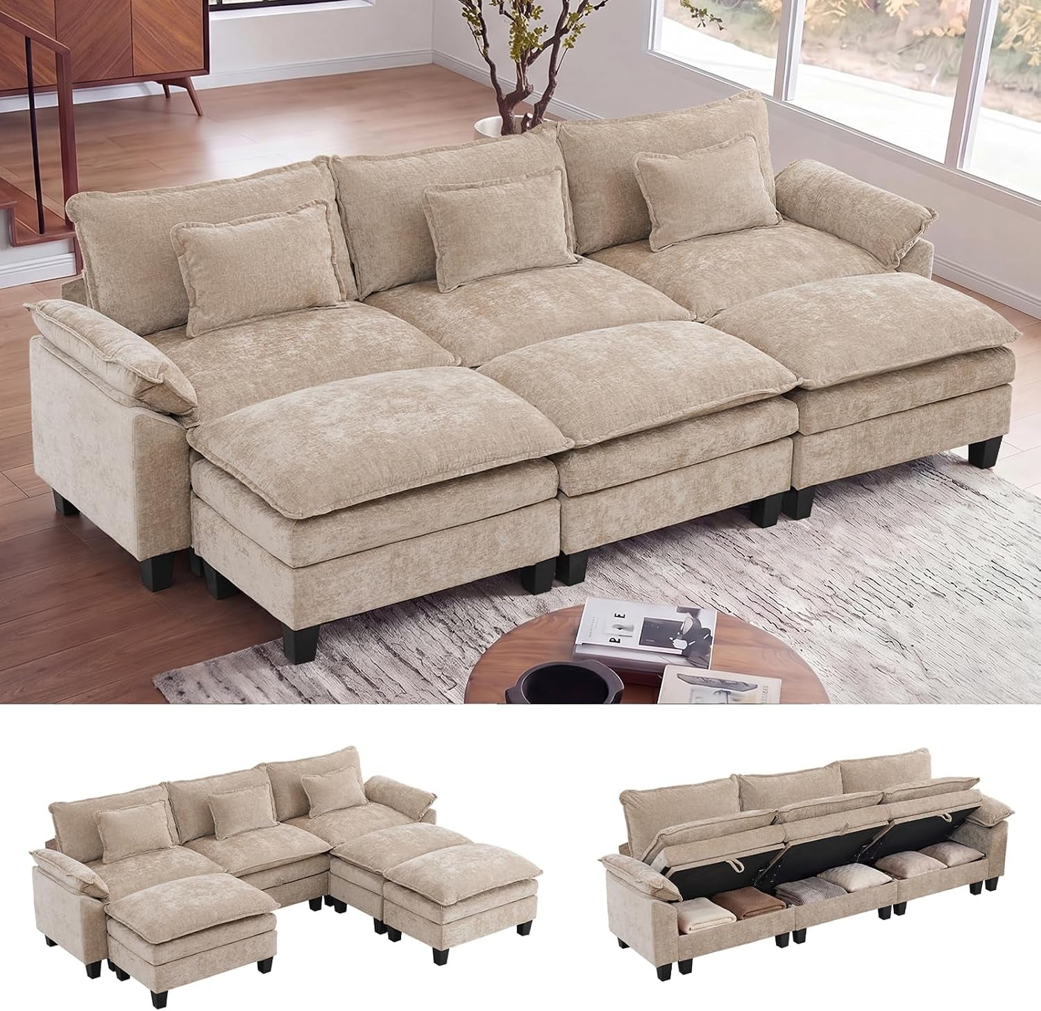 Beige modular sectional with two ottomans in a sunlit room; inset thumbnails display an L-shaped layout and the back storage