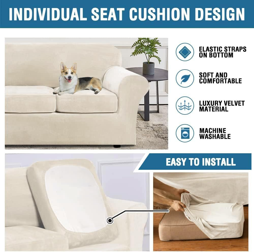 Composite showing a light beige slipcovered three-seat sofa with a small dog on the cushion and insets of a cushion being