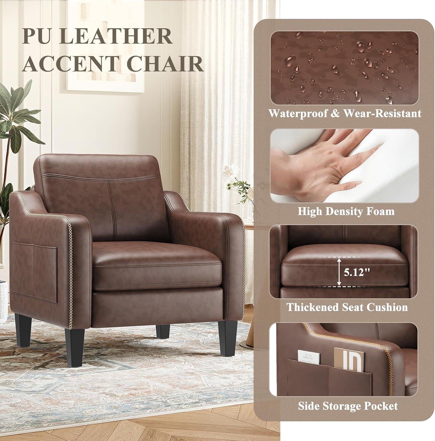 Feature collage showing waterproof surface close-up, high-density foam and side storage pocket on brown chair